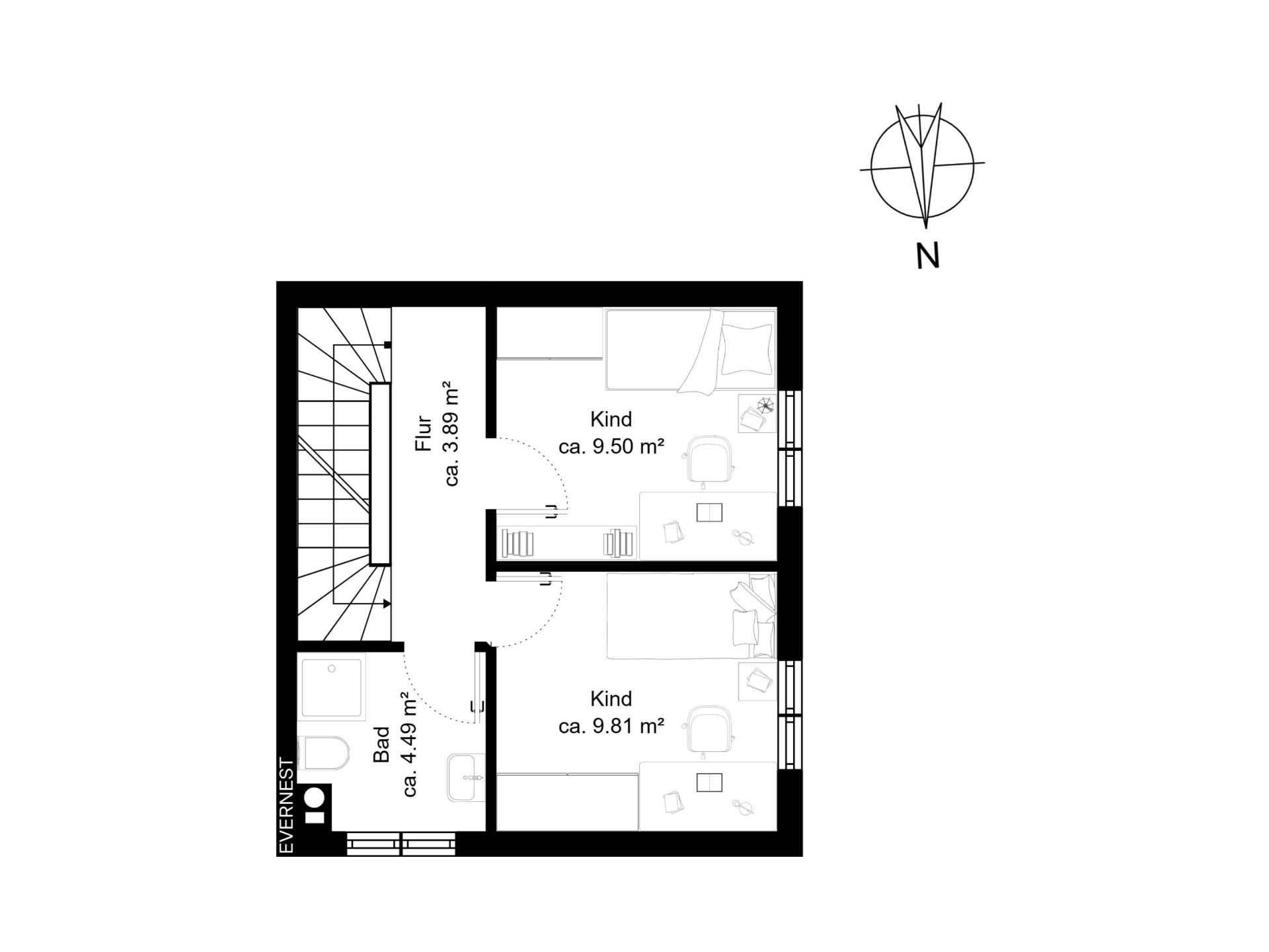 Grundriss mit Flur, zwei Kinderzimmern und einem Bad.
