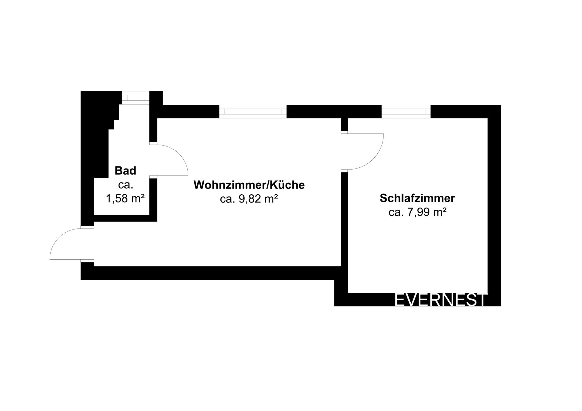Grundriss mit Wohnzimmer/Küche, Schlafzimmer und Bad, jeweils mit Flächenangaben.