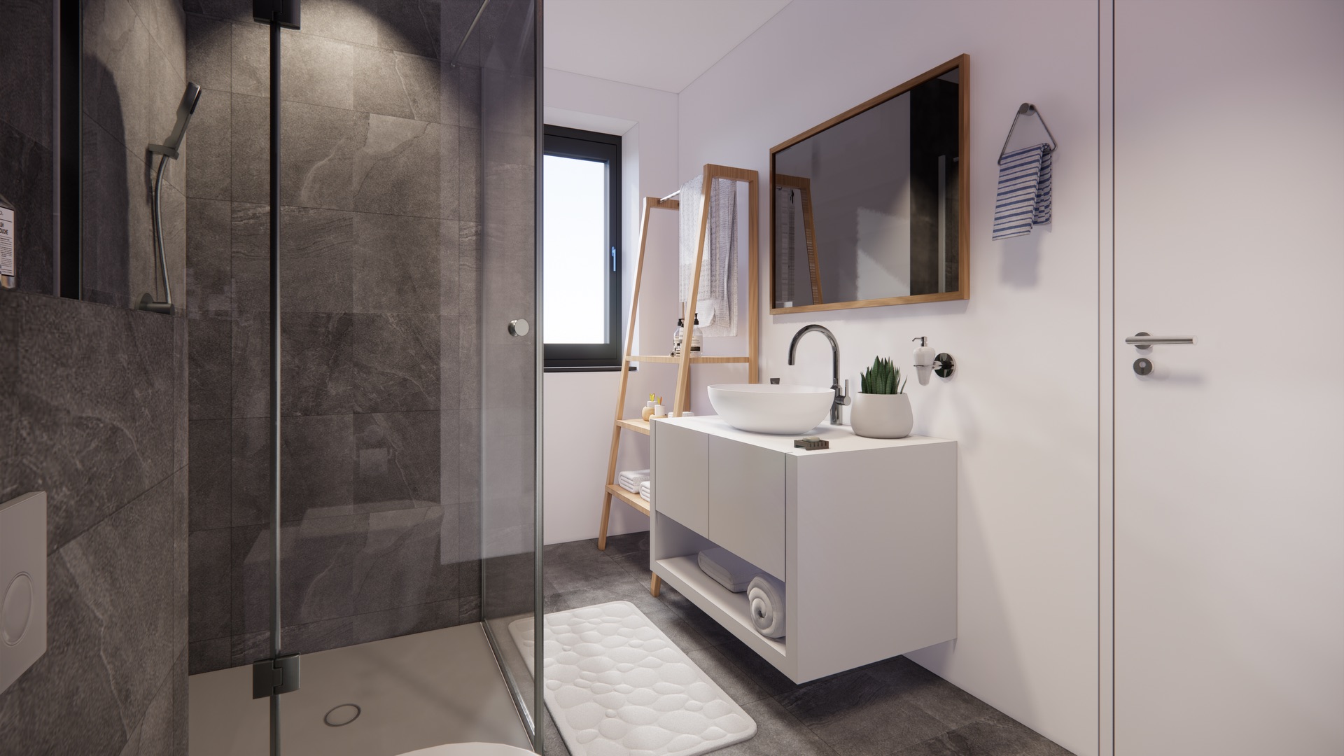 Modernes Badezimmer mit Dusche, Waschbecken, Spiegel und Fenster.