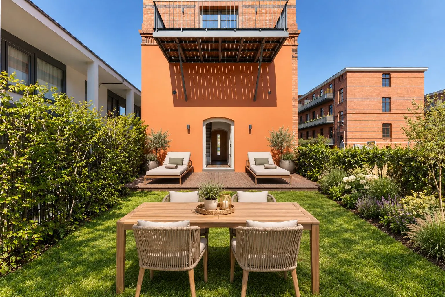 Garten mit Holztisch, vier Stühlen und zwei Liegen vor einem orangefarbenen Wohnhaus.