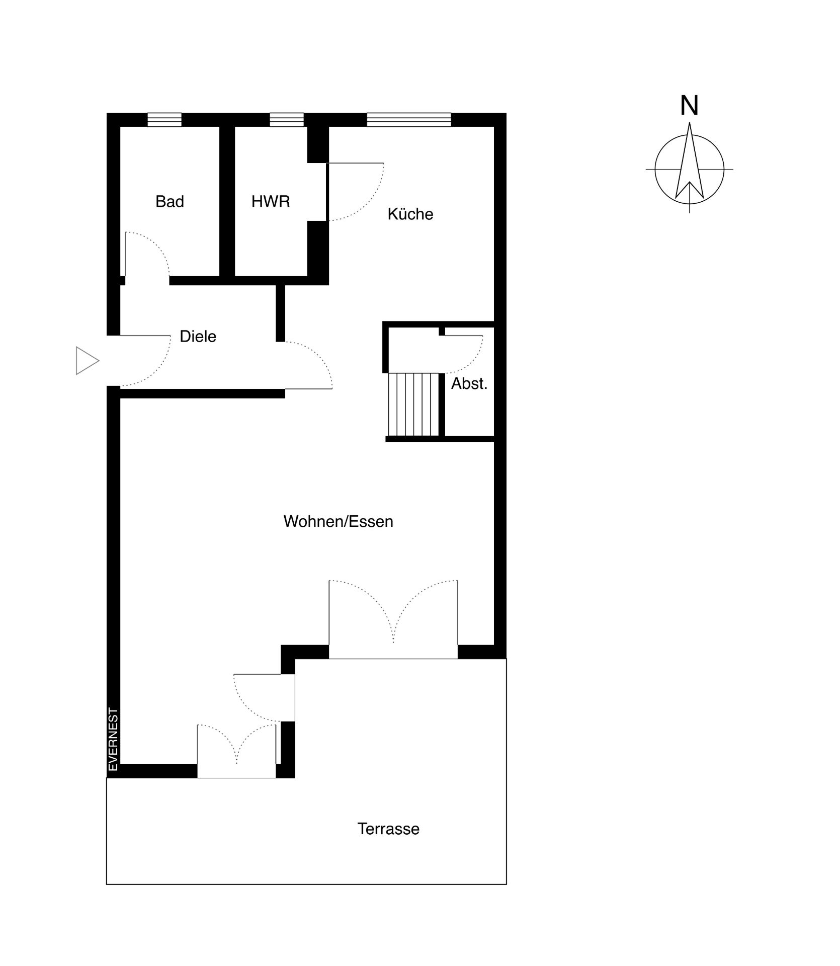 Grundriss einer Wohnung mit Bad, HWR, Küche, Wohnen/Essen, Abstellraum, Diele und Terrasse.