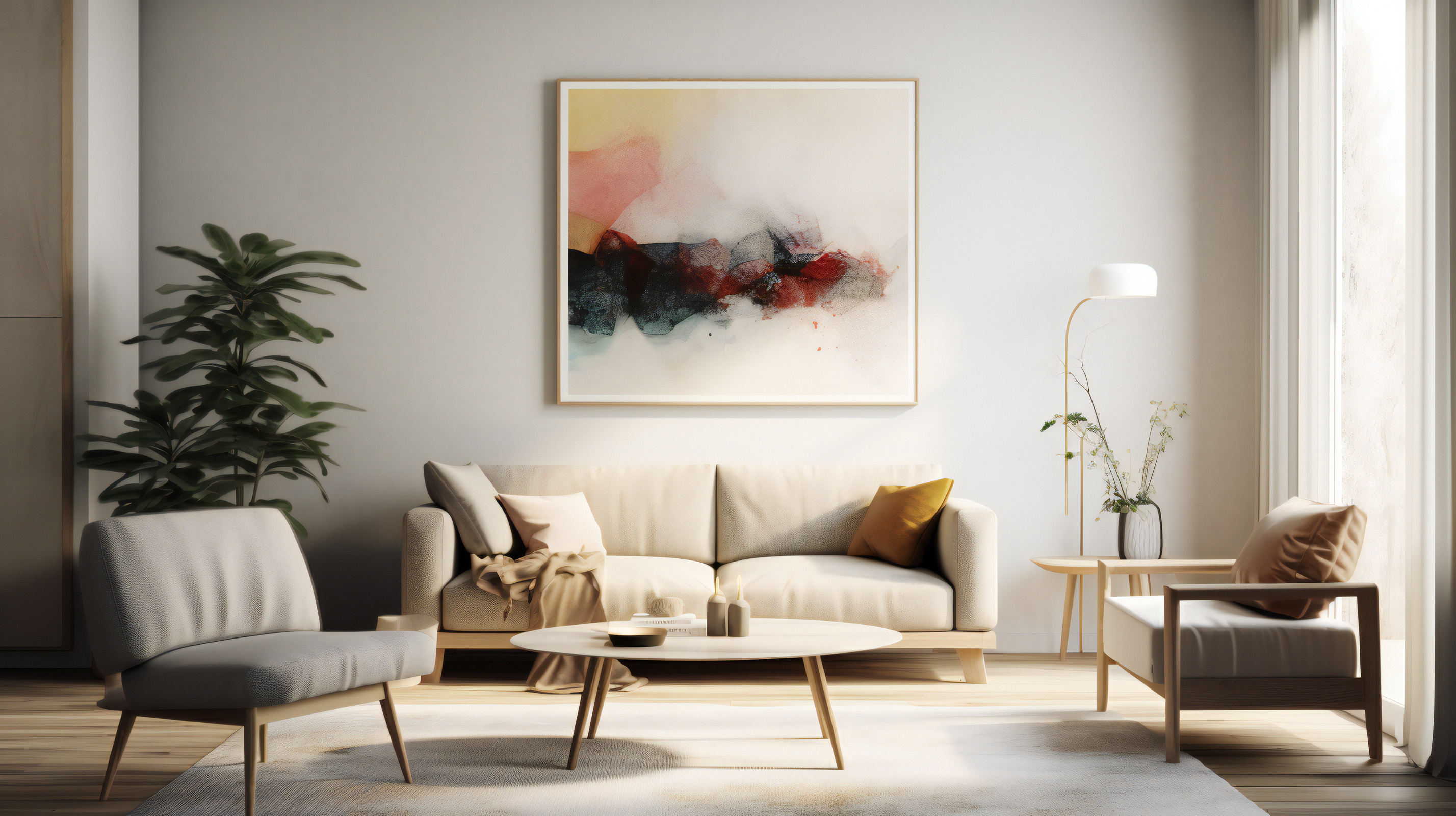 Helles Wohnzimmer mit Sofa, Sesseln, Couchtisch, Pflanzen und großem abstraktem Bild an der Wand.