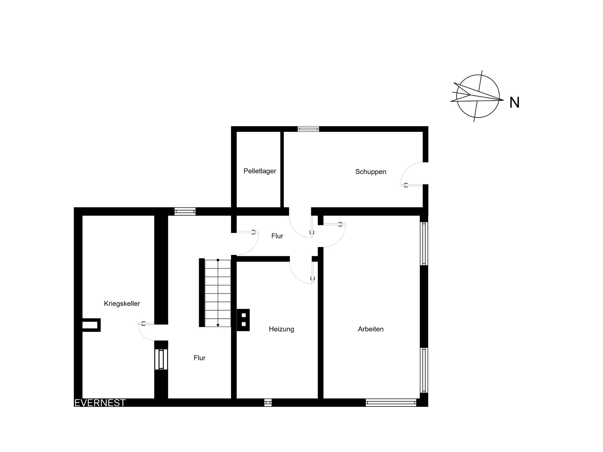 Grundriss mit Räumen wie Kriechkeller, Heizungsraum, Arbeiten, Pelletlager und Schuppen.