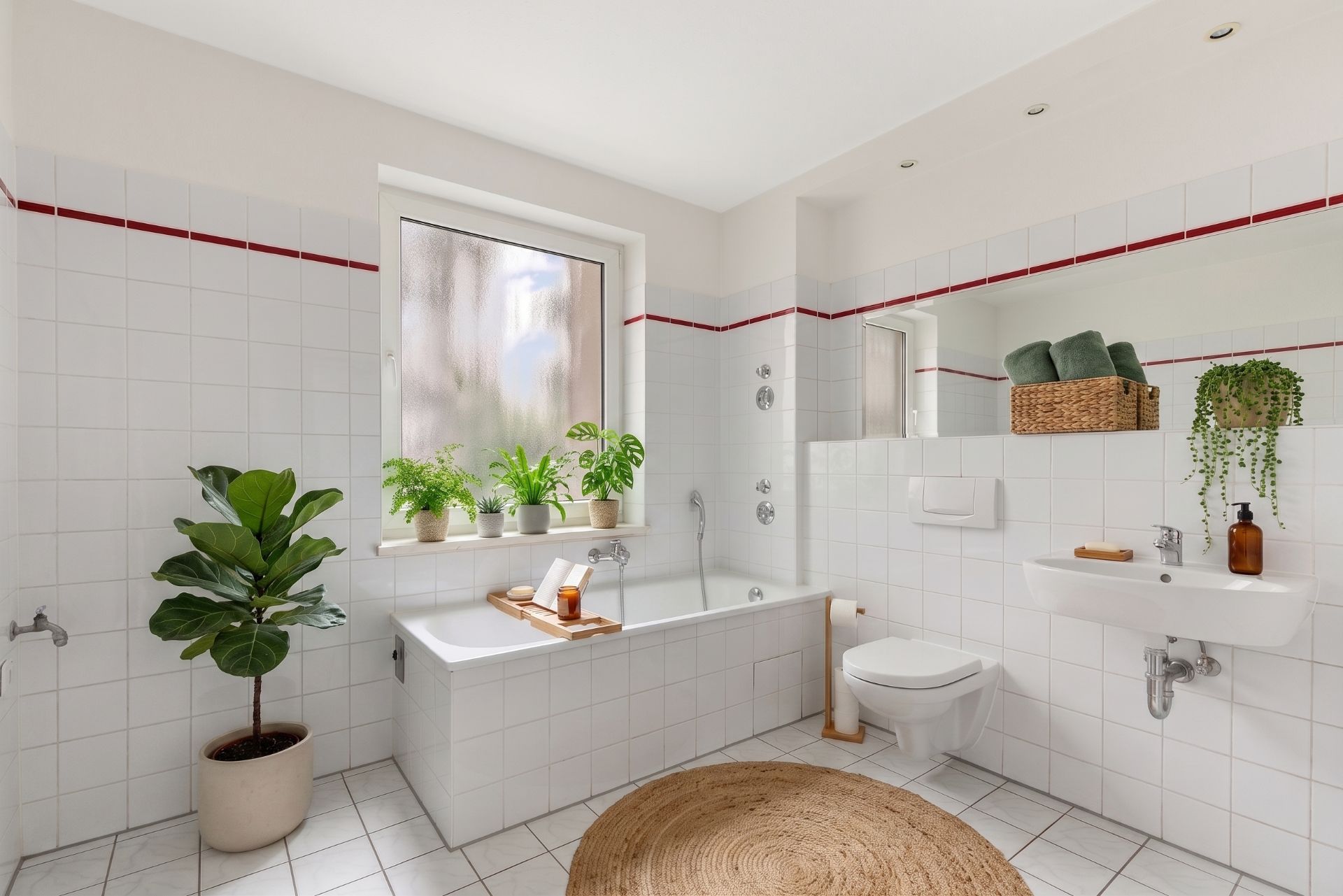 Helles Badezimmer mit Badewanne, weißen Fliesen, großen Fenstern und mehreren grünen Pflanzen.