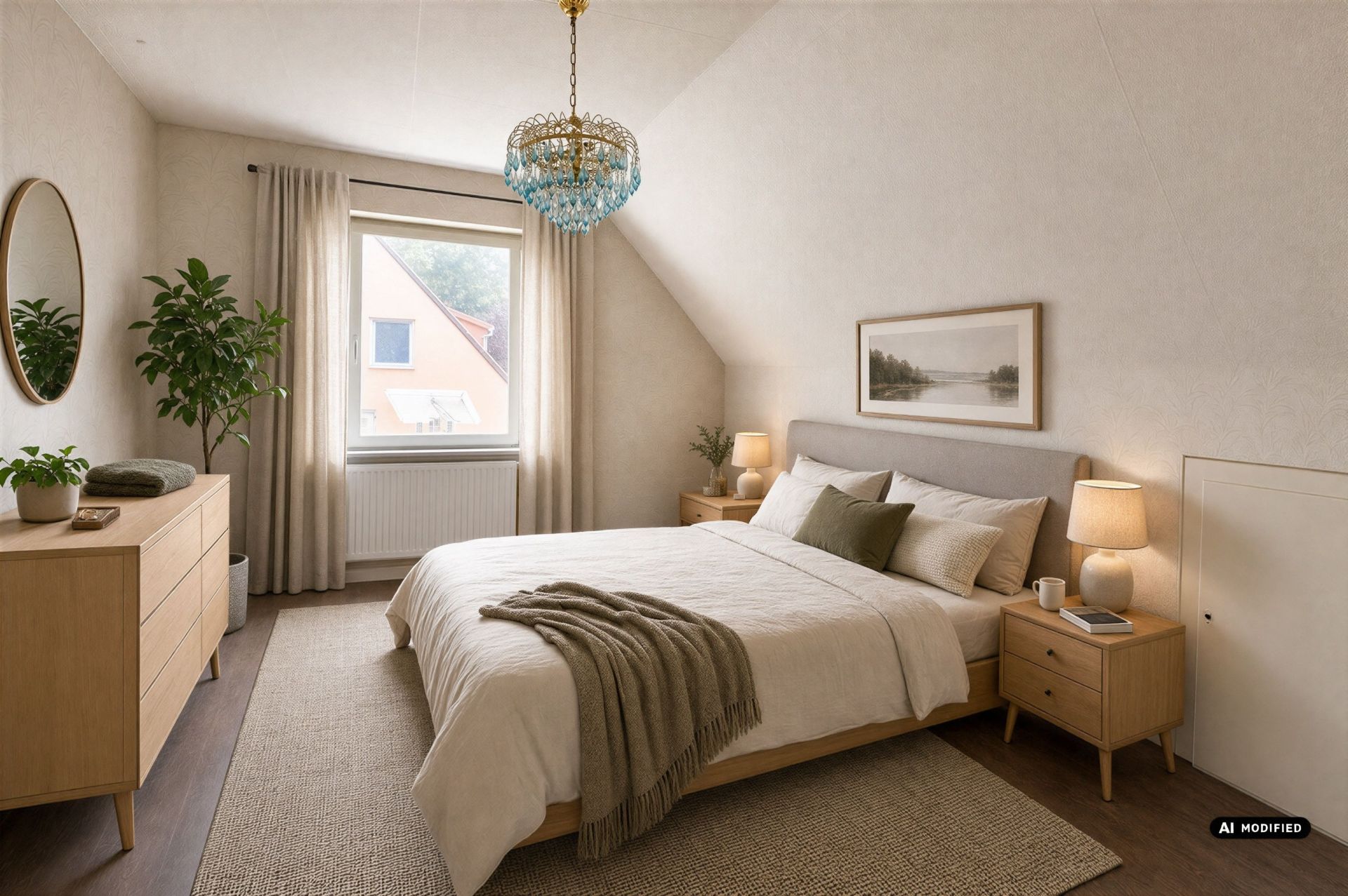 Helles Schlafzimmer mit Doppelbett, Nachttischen, Kommode, Pflanze und Fenster mit Vorhängen.