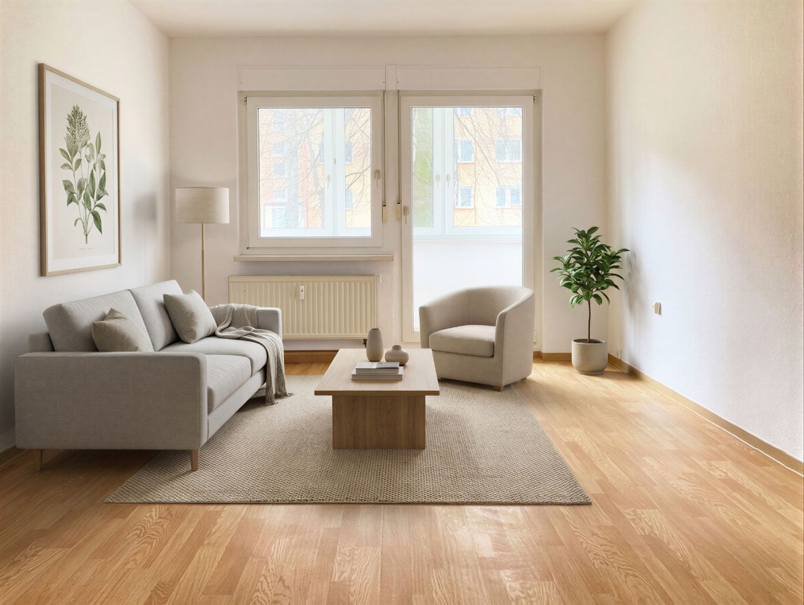 Helles Wohnzimmer mit Sofa, Sessel, Couchtisch, Teppich, Pflanze und großem Fenster.