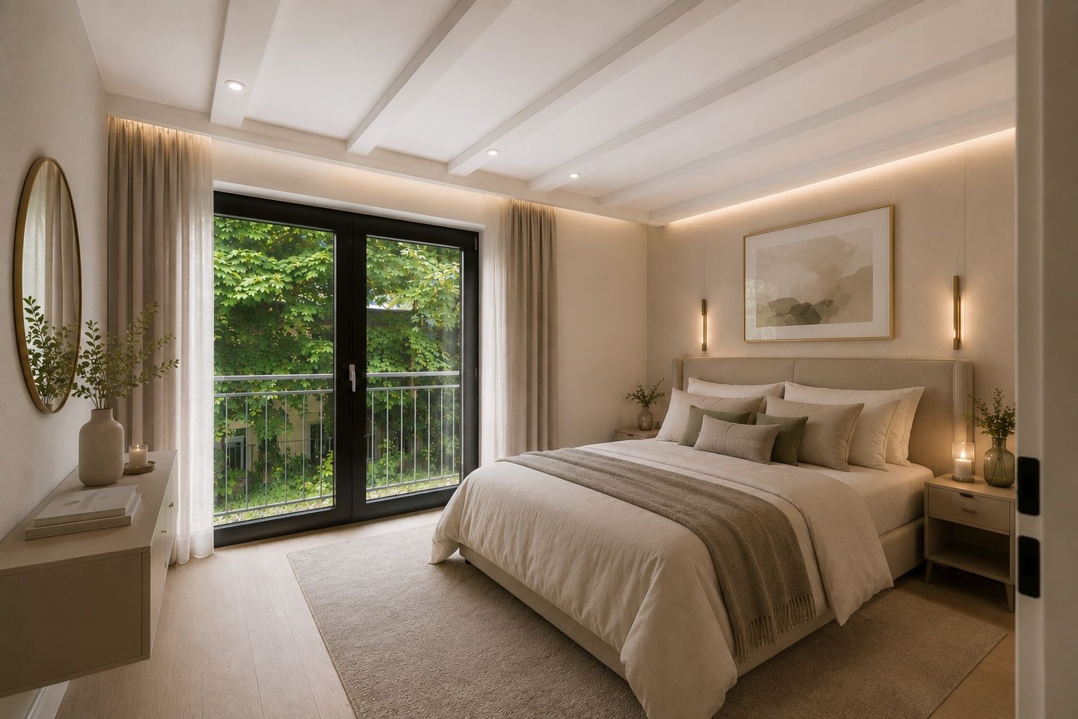 Modernes Schlafzimmer mit großem Bett, Glastüren zum Balkon und heller Einrichtung.