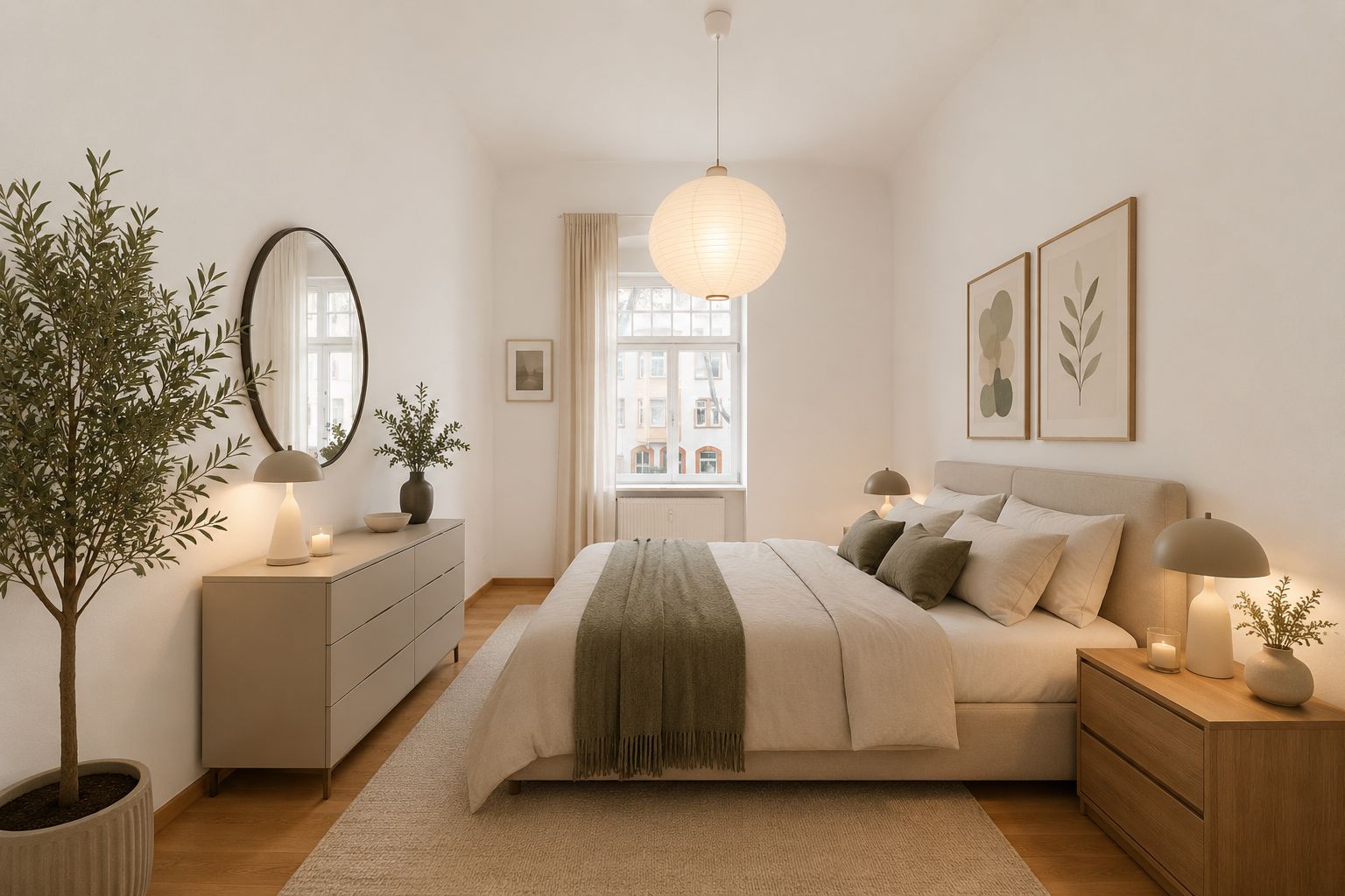 Helles Schlafzimmer mit Doppelbett, Nachttischen, Kommode, Pflanze und großem Fenster.