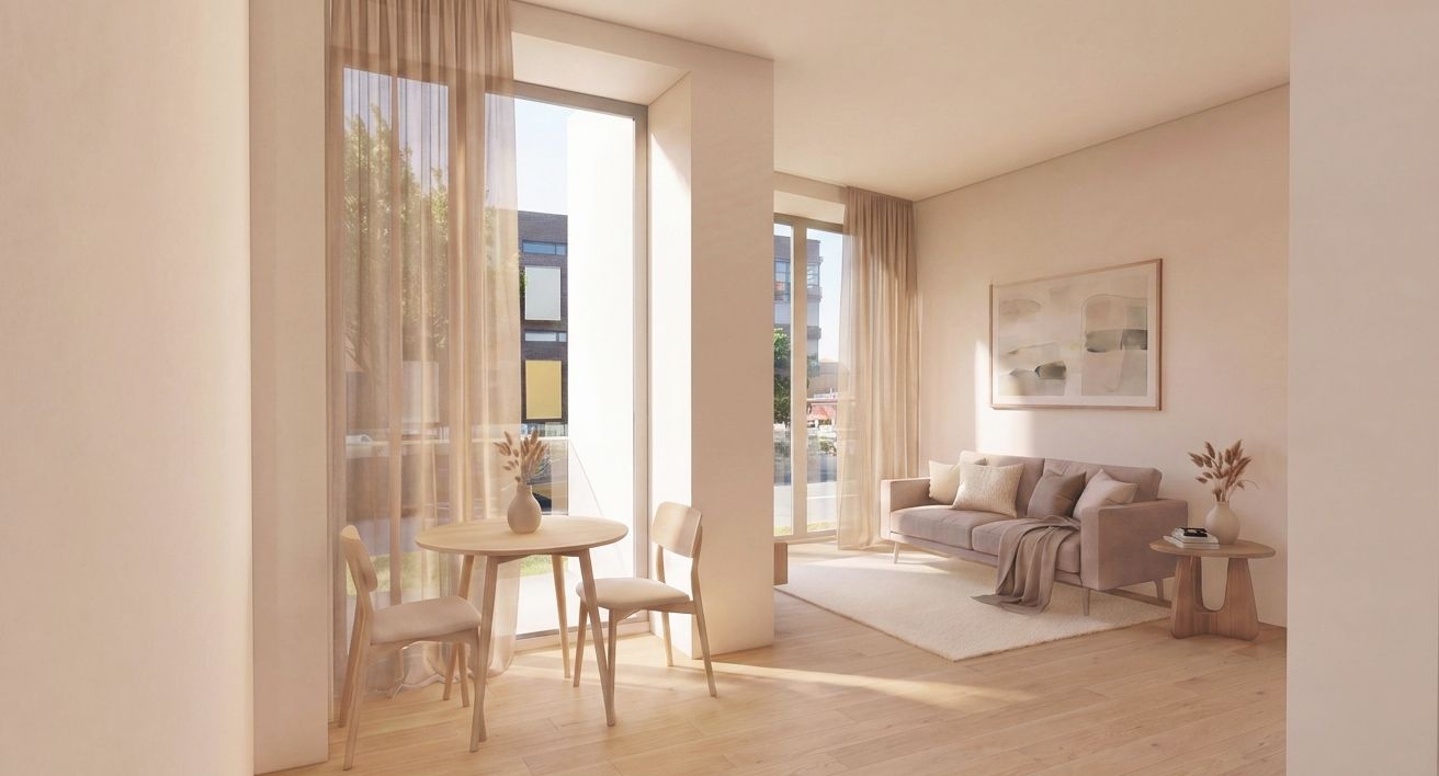 Helles Wohnzimmer mit Sofa, kleinem runden Tisch mit zwei Stühlen und großem Fenster mit Vorhängen.