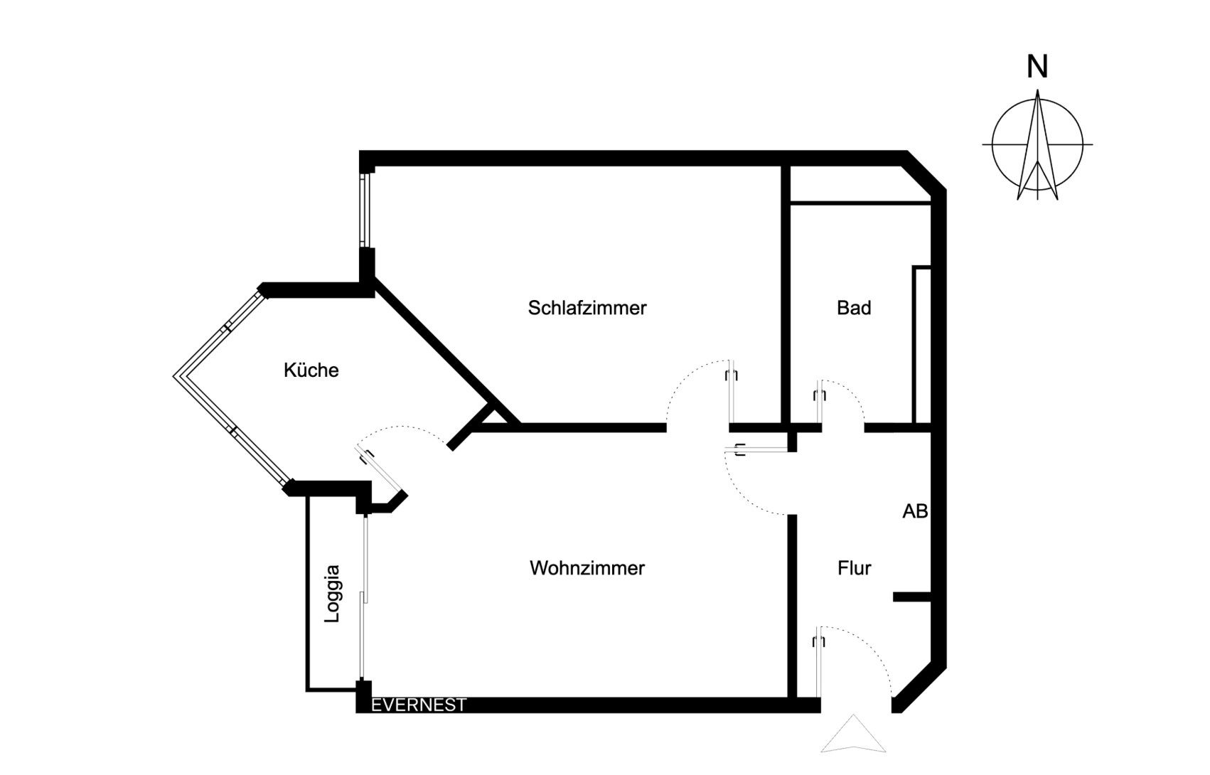 Grundriss einer Wohnung mit Wohnzimmer, Schlafzimmer, Küche, Bad, Flur, AB und Loggia.