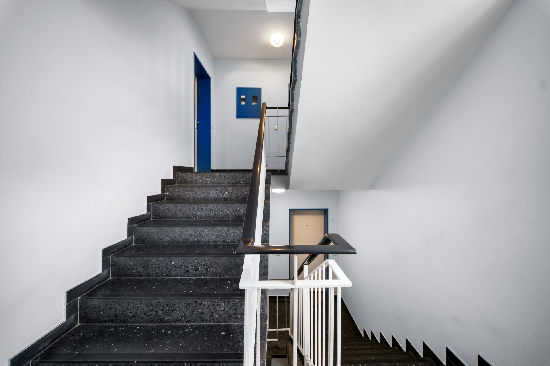 Treppenhaus mit schwarzen Stufen, weißen Wänden und Türen mit blauem Rahmen in einem Wohngebäude.