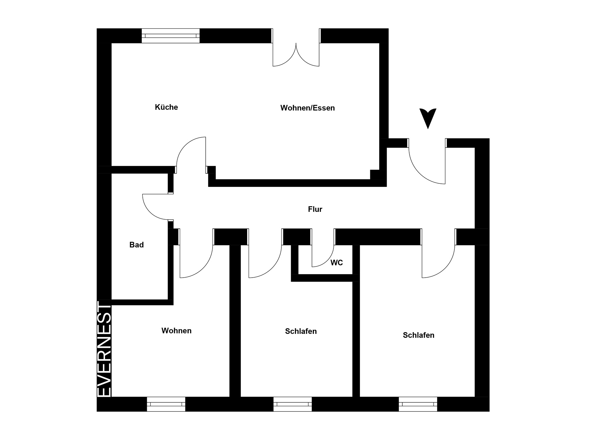 Grundriss einer Wohnung mit Küche, Bad, WC, Flur, zwei Schlafzimmern und zwei Wohnbereichen.