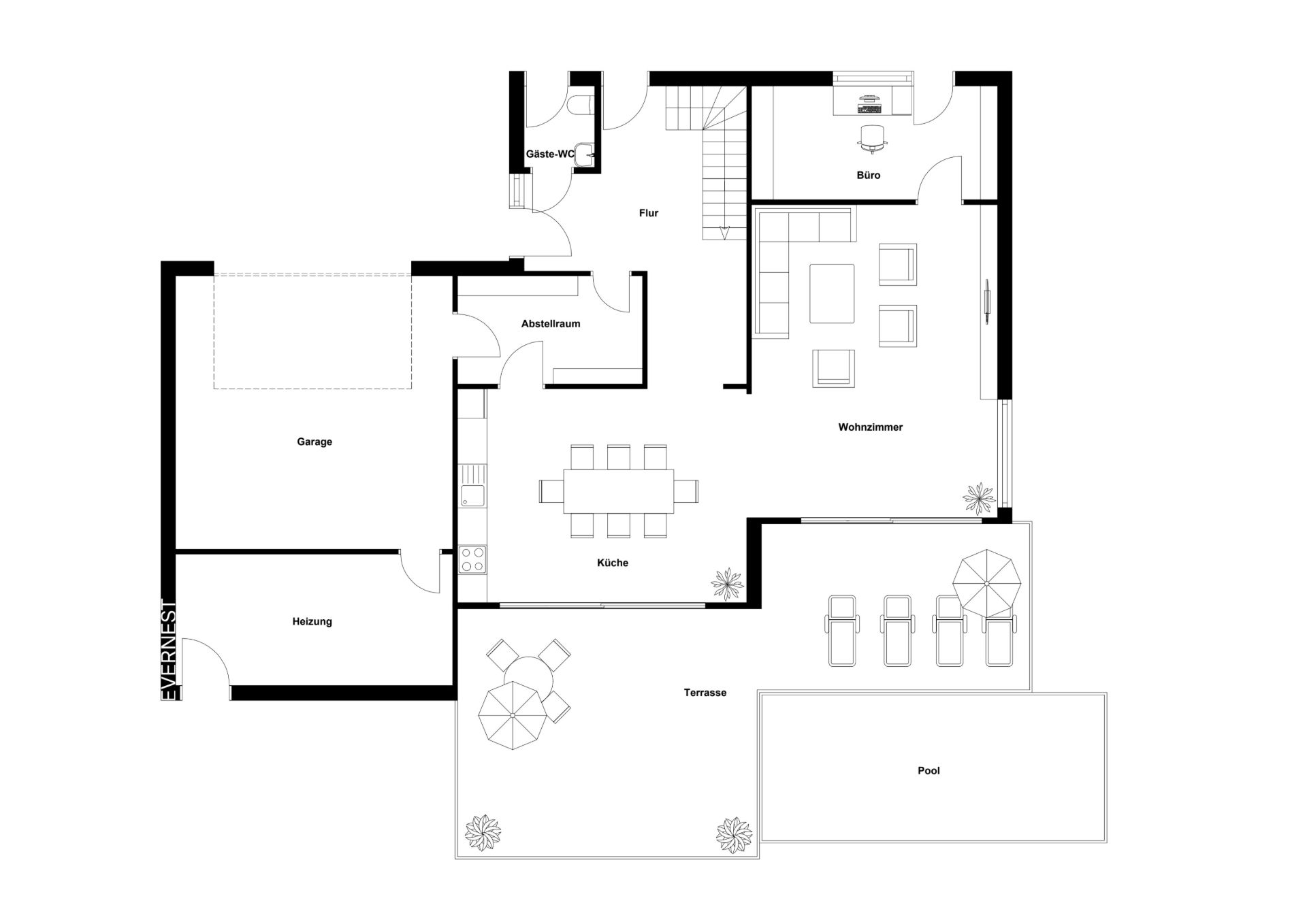 Grundriss eines Hauses mit Garage, Küche, Wohnzimmer, Büro, Terrasse und Pool.
