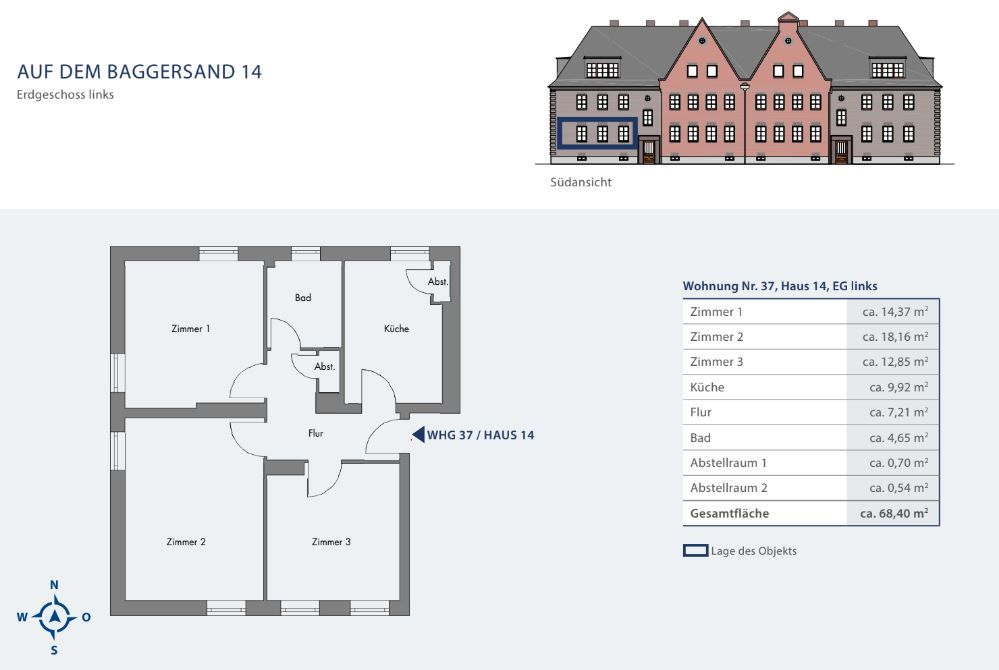 Grundriss einer Wohnung mit drei Zimmern, Küche, Bad und Abstellräumen sowie Außenansicht des Gebäudes.