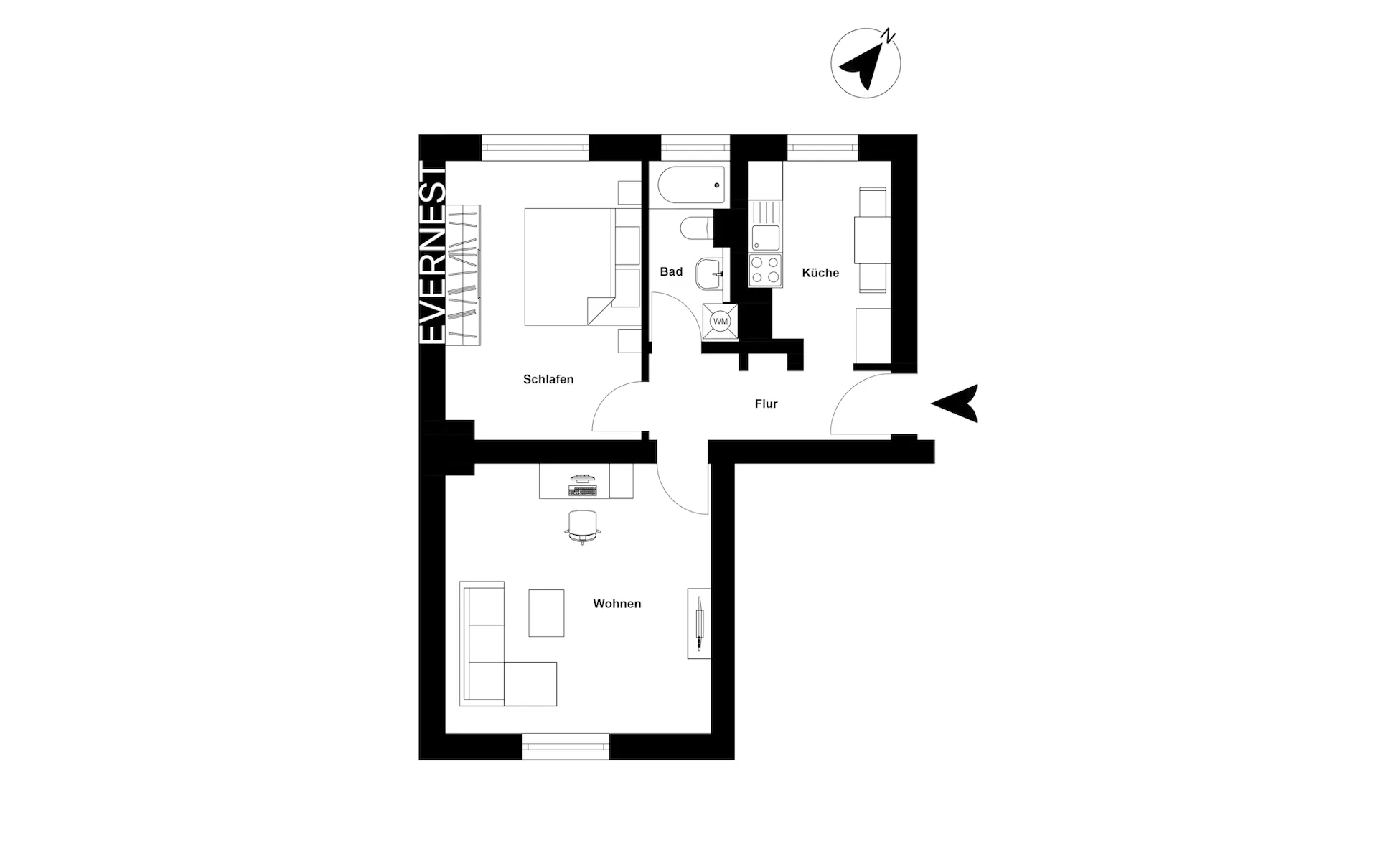 Grundriss einer Wohnung mit Schlafzimmer, Bad, Küche, Flur und Wohnzimmer.