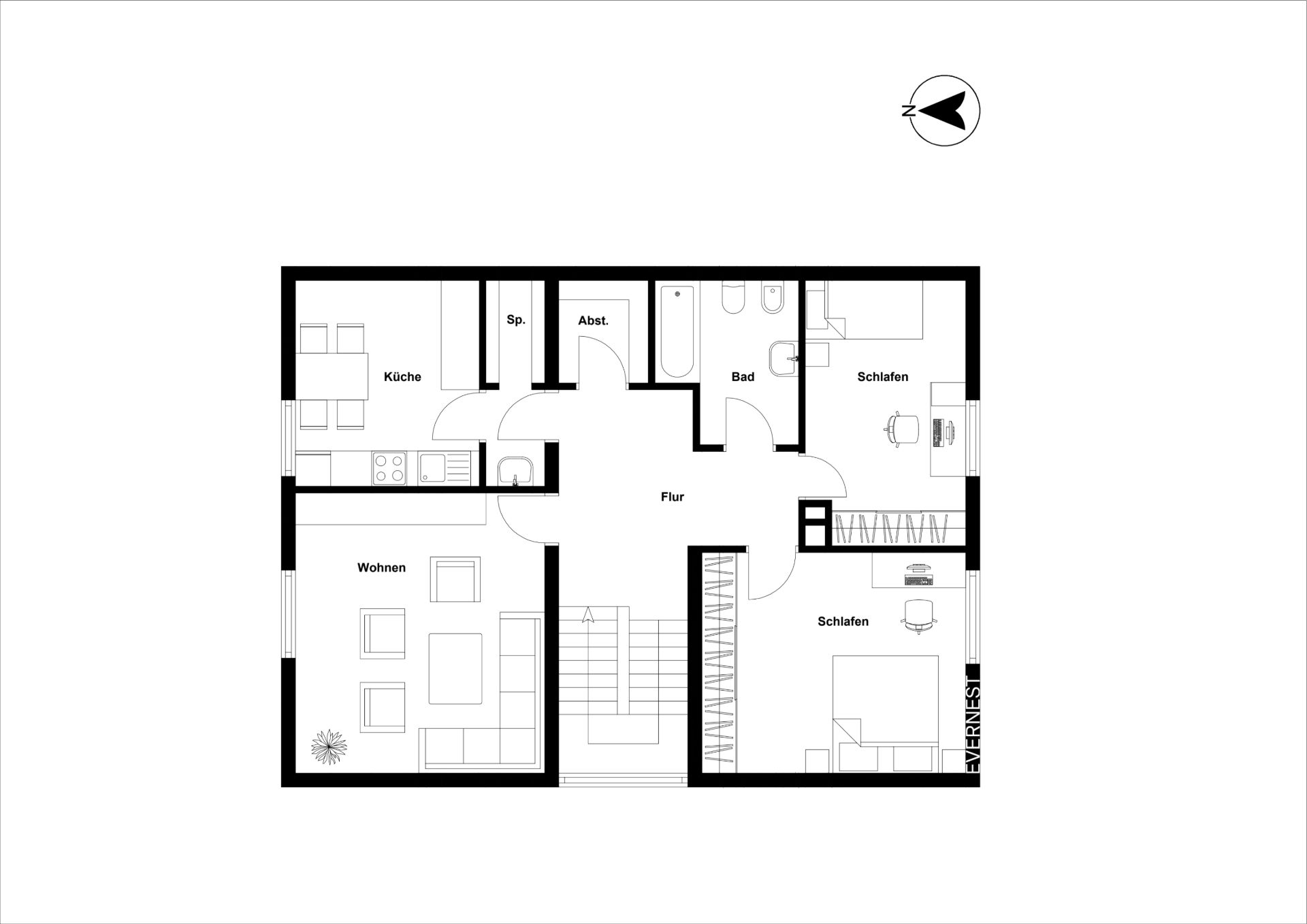 Grundriss einer Wohnung mit Küche, Wohnzimmer, Bad, Flur und zwei Schlafzimmern.