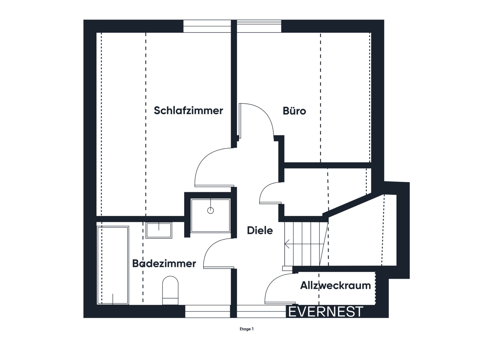 Grundriss mit Schlafzimmer, Büro, Bad, Diele und Allzweckraum.