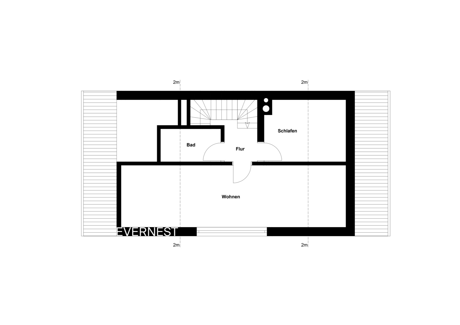 Grundriss mit Wohn-, Schlaf-, Badezimmer und Flur. Treppe in der Mitte sichtbar.