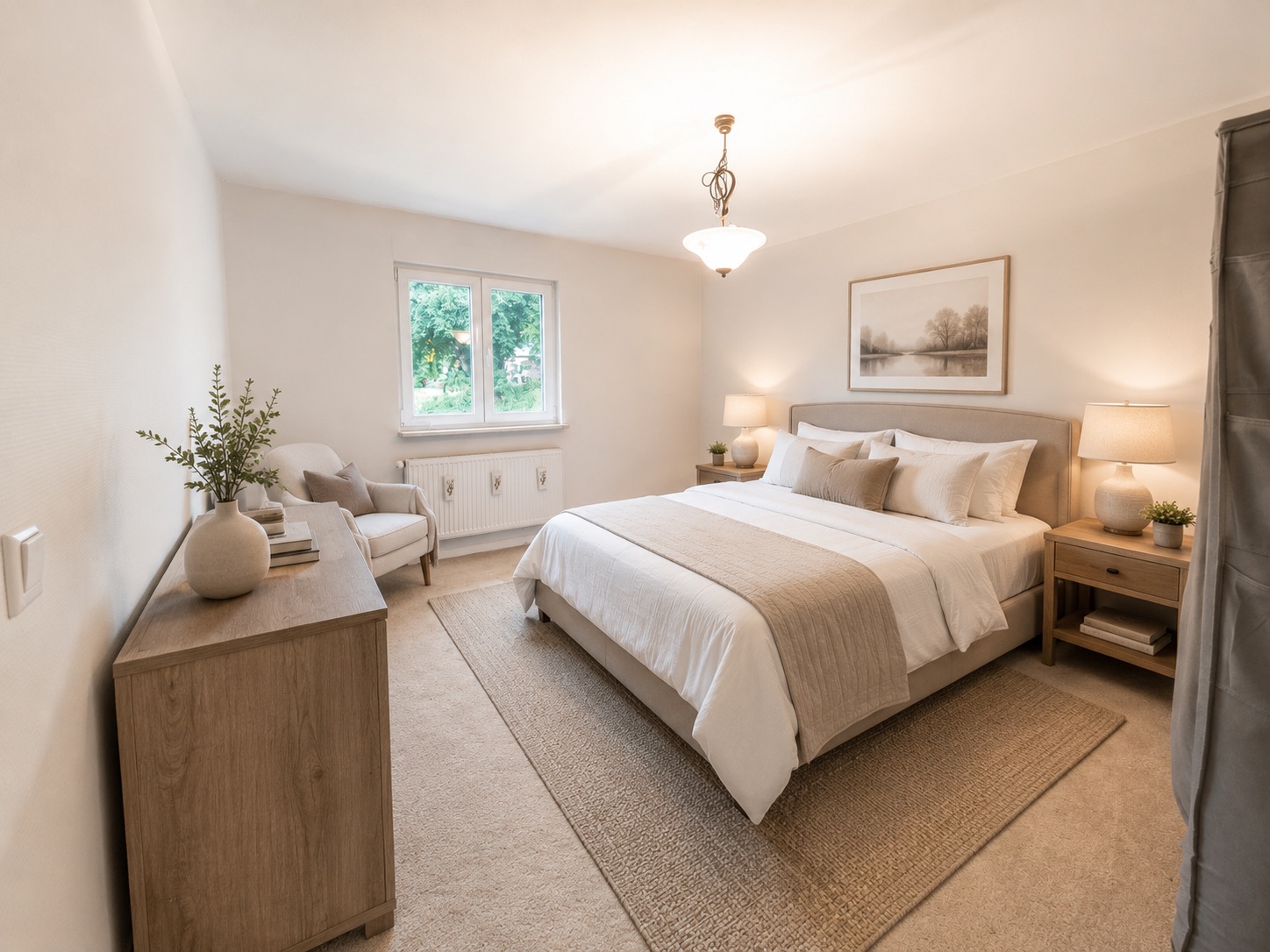 Helles Schlafzimmer mit großem Bett, Nachttischen, Kommode, Sessel und zwei Fenstern.