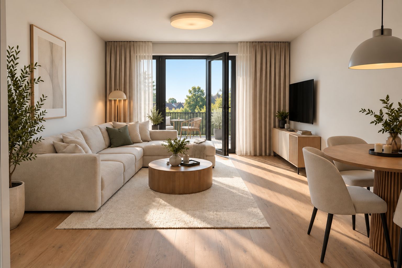 Modernes Wohnzimmer mit Sofa, Couchtisch, TV, Esstisch und Zugang zu einem Balkon.