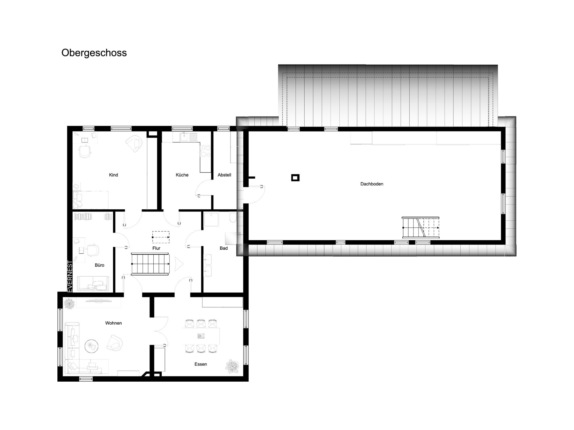 Grundriss des Obergeschosses mit Wohn-, Esszimmer, Küche, Bad, Büro, Kinderzimmer und Dachboden.