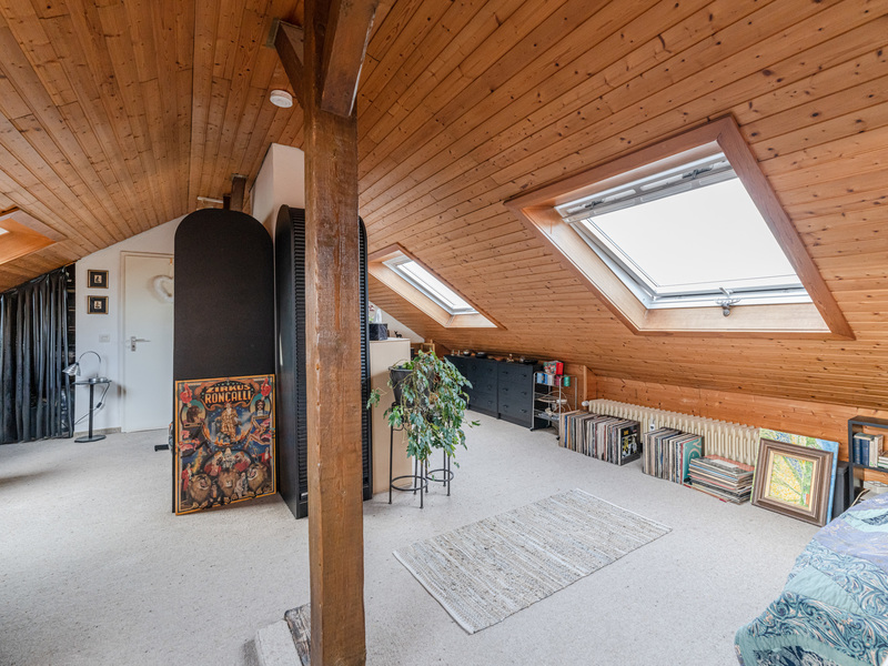 Heller Dachbodenraum mit Holzdecke, Teppich, Pflanzen, Regalen und großen Dachfenstern.