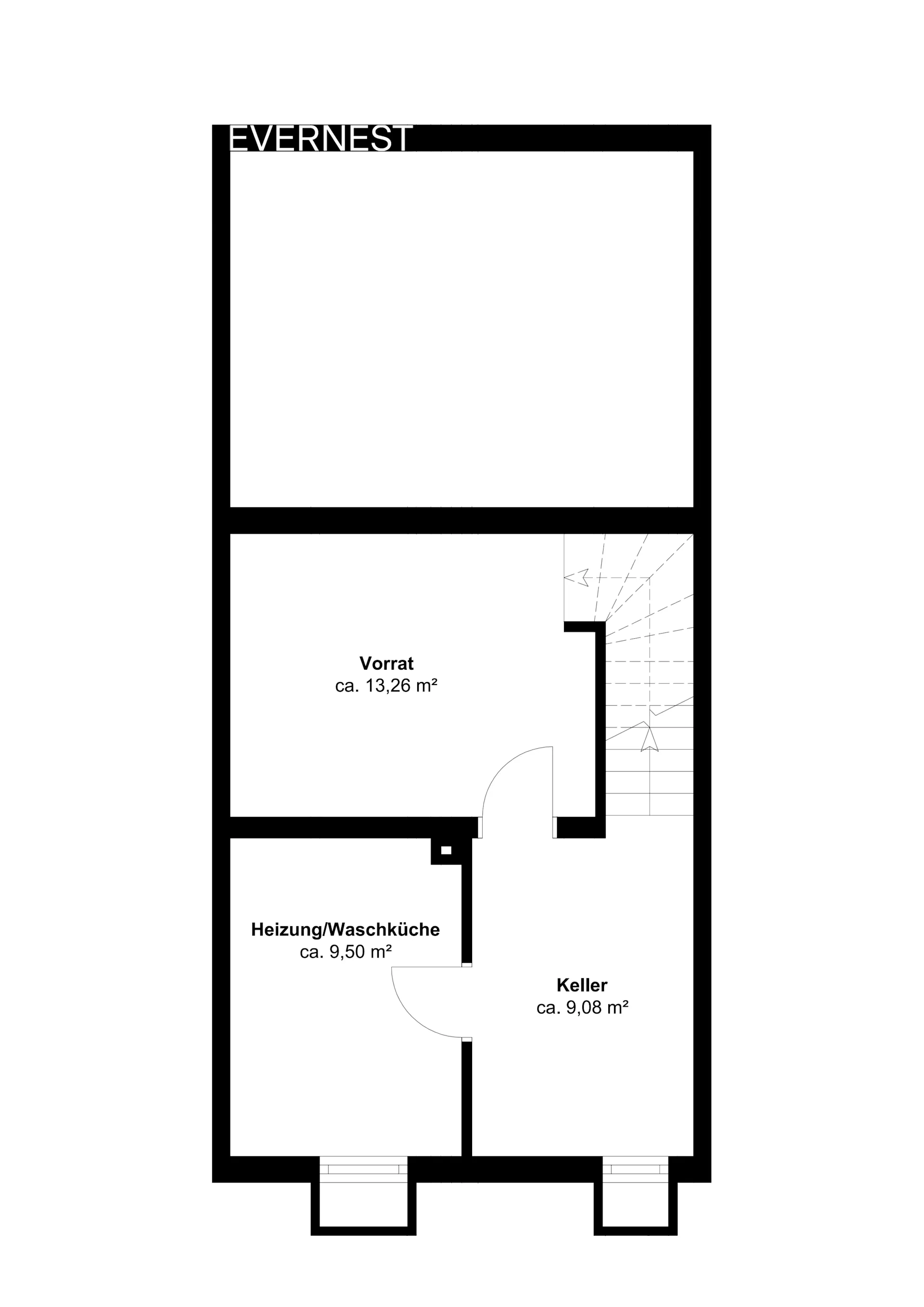 Grundriss eines Kellers mit Vorrat, Heizung/Waschküche und Kellerraum, Flächen in Quadratmetern angegeben.