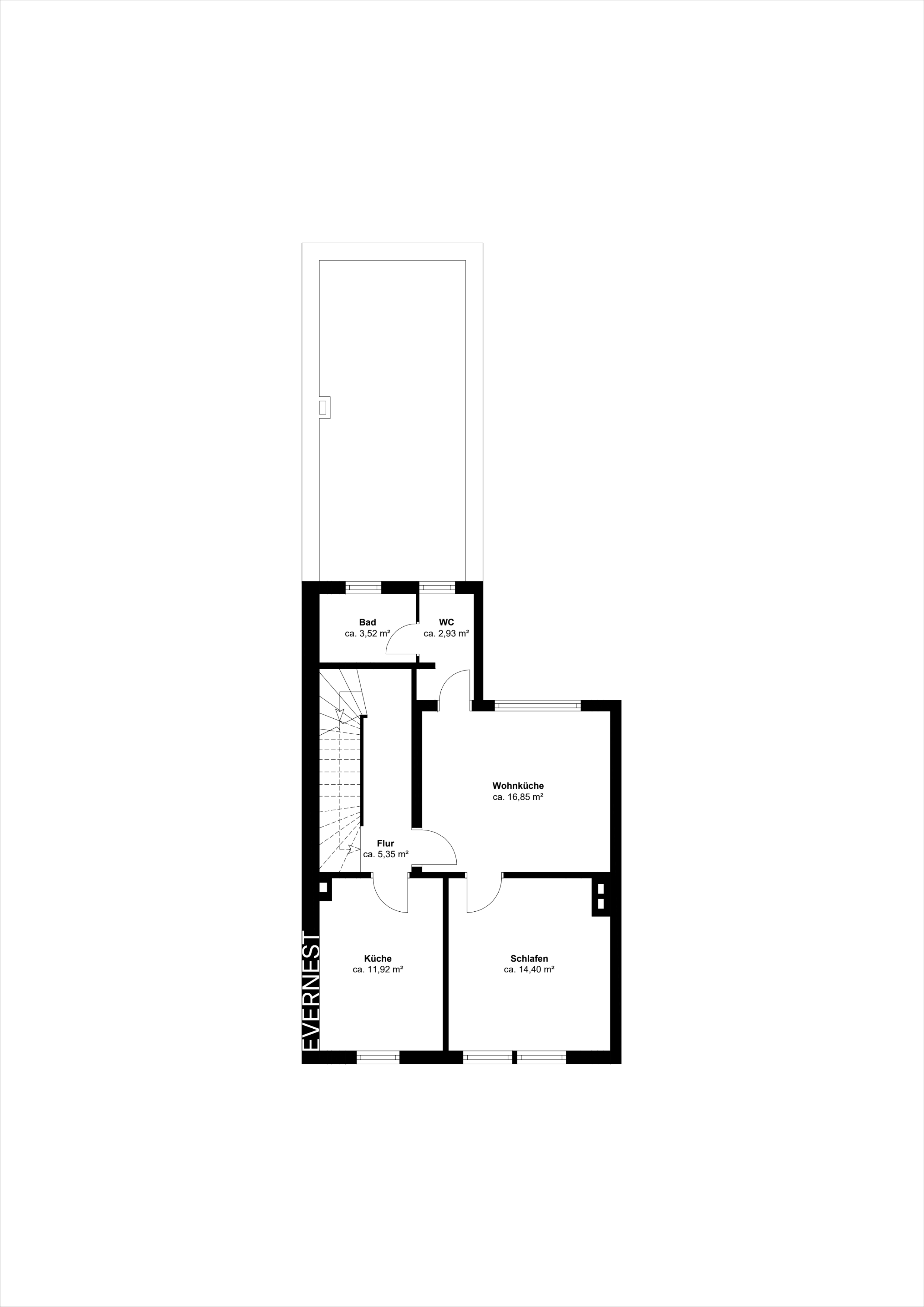 Grundriss einer Wohnung mit Wohnküche, Schlafzimmer, Küche, Bad, WC und Flur.