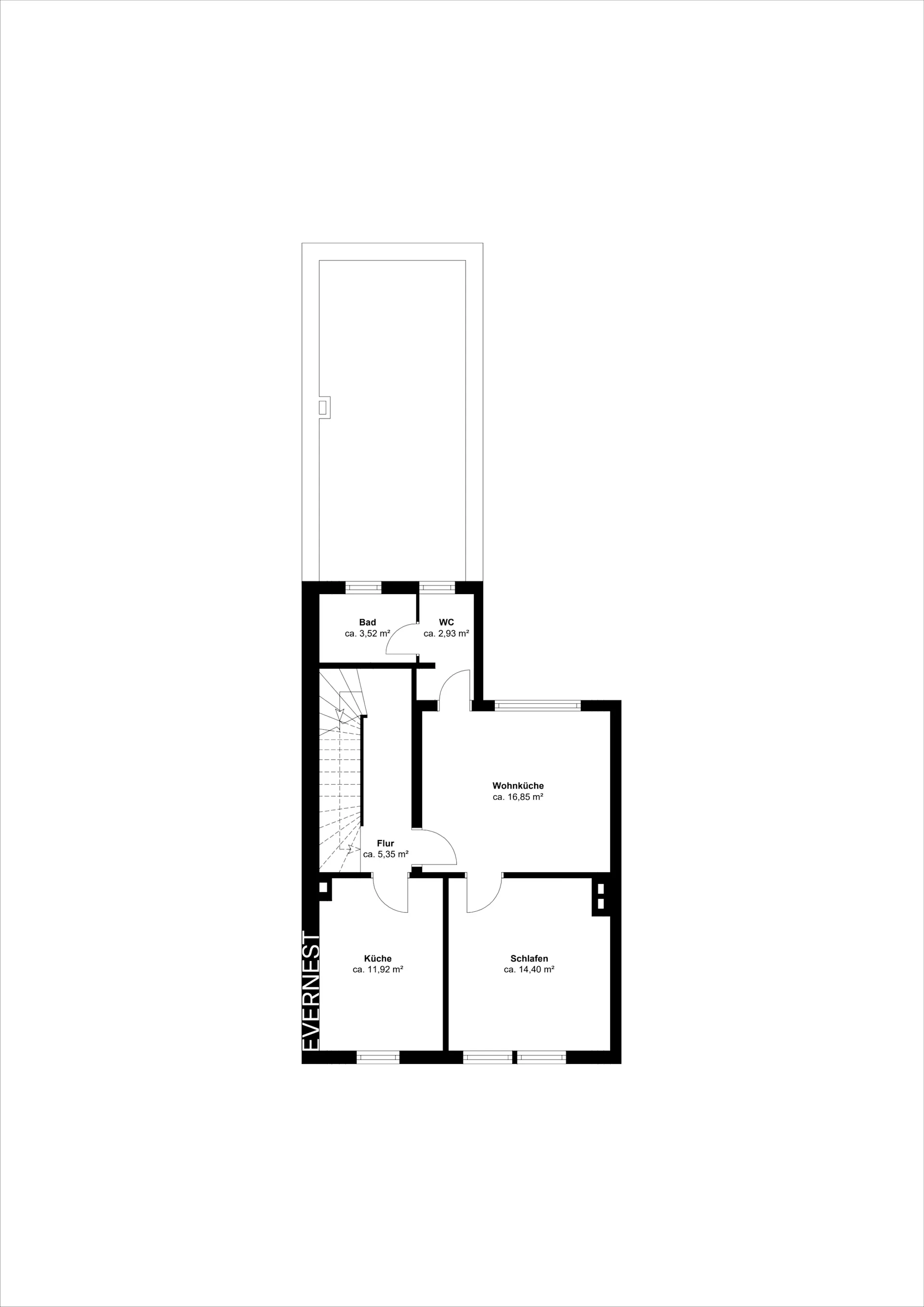 Grundriss einer Wohnung mit Wohnküche, Schlafzimmer, Küche, Bad, WC und Flur.