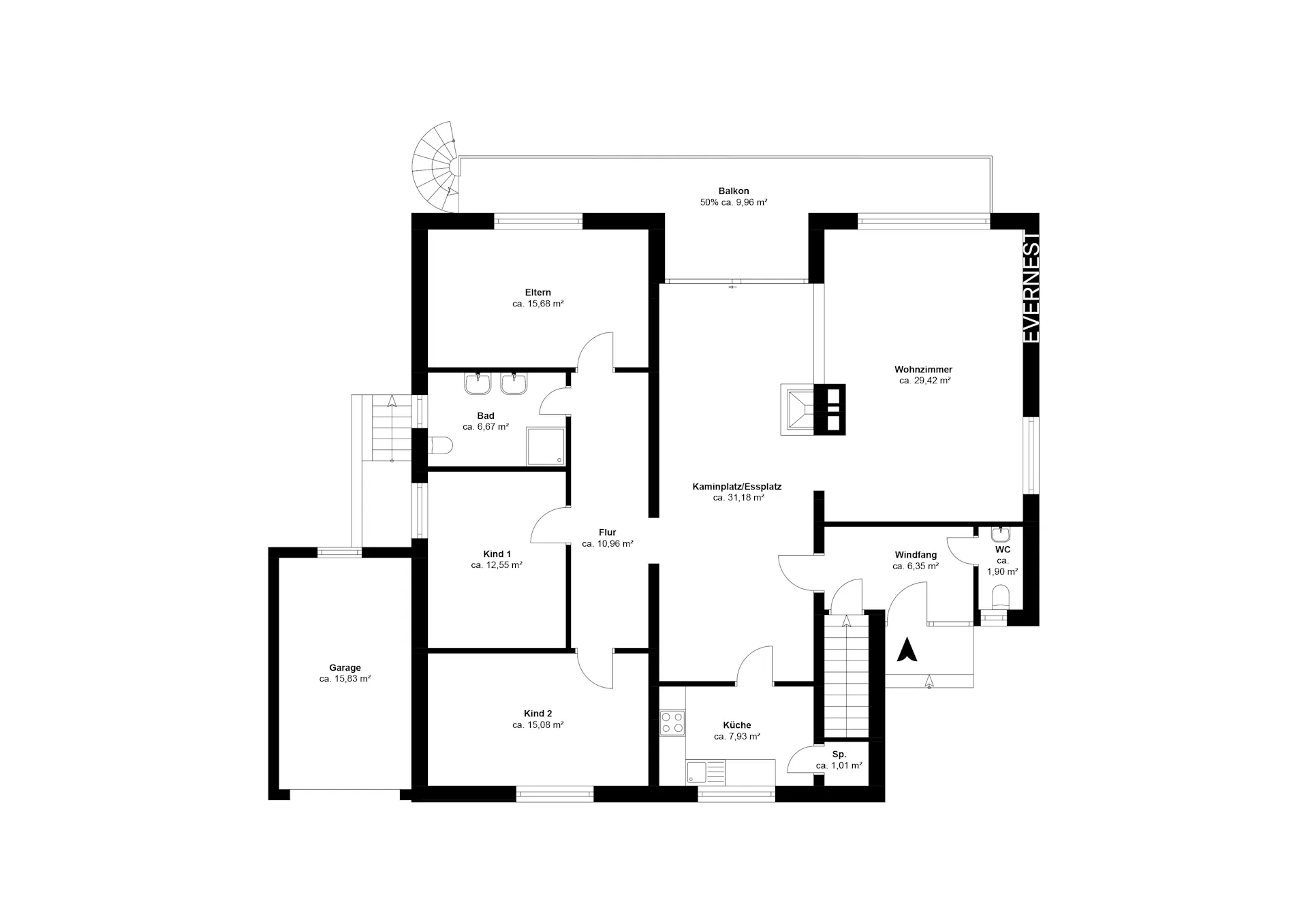 Grundriss mit Wohnzimmer, Küche, Bad, zwei Kinderzimmern, Schlafzimmer, Garage und Balkon.