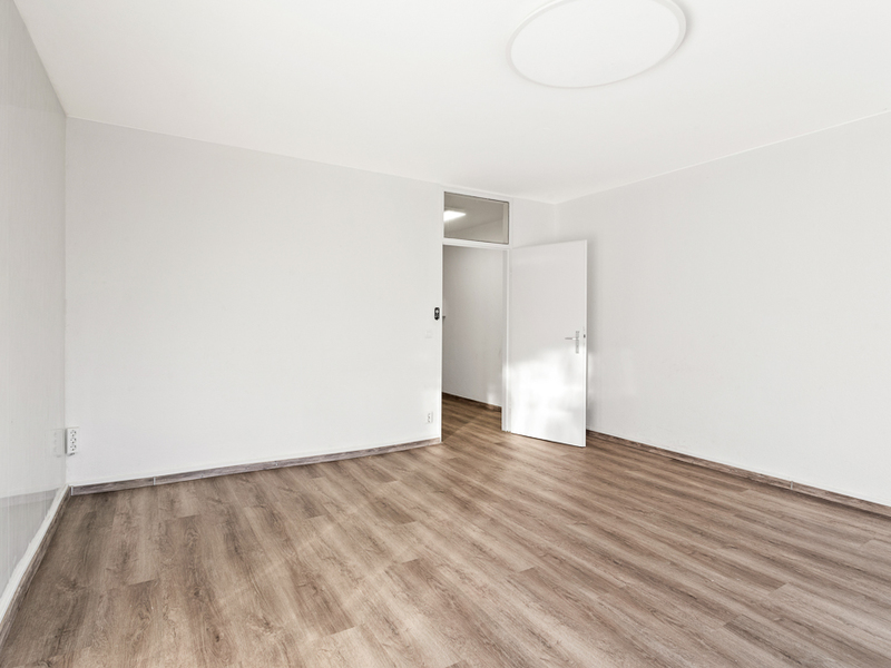 Leerer, heller Raum mit weiß gestrichenen Wänden und Holzfußboden, offene Tür im Hintergrund.