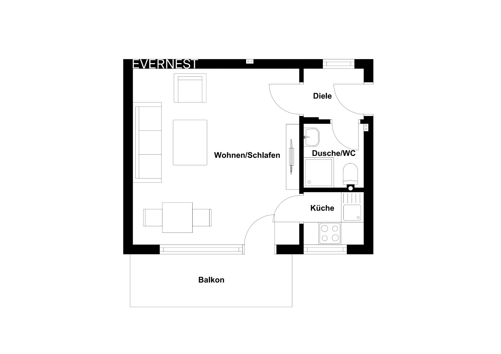 Grundriss einer Wohnung mit Wohn-/Schlafbereich, Küche, Bad, Diele und Balkon.