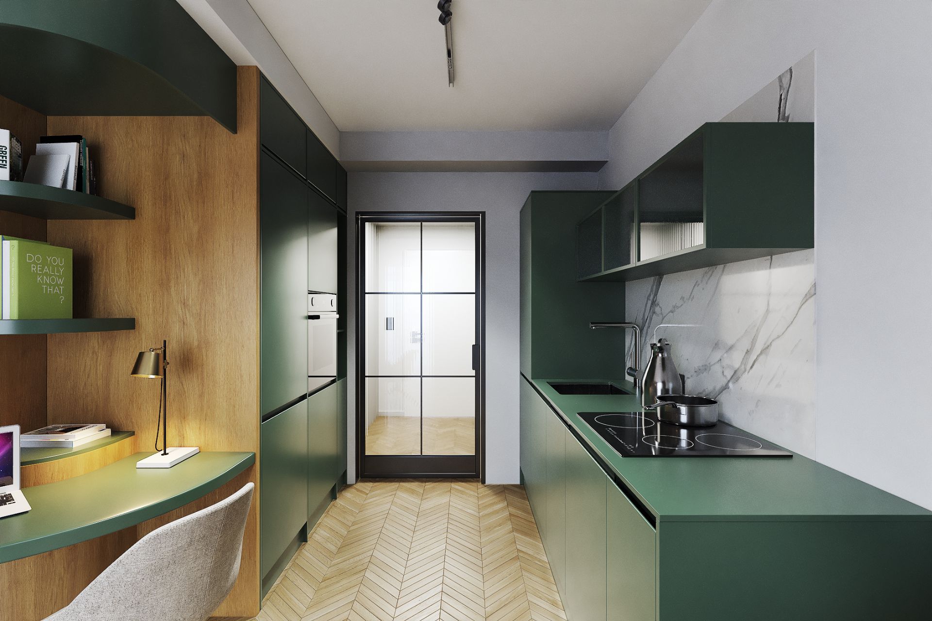 Moderne Küche mit grünen Schränken, Holzdetails und integriertem Arbeitsplatz.