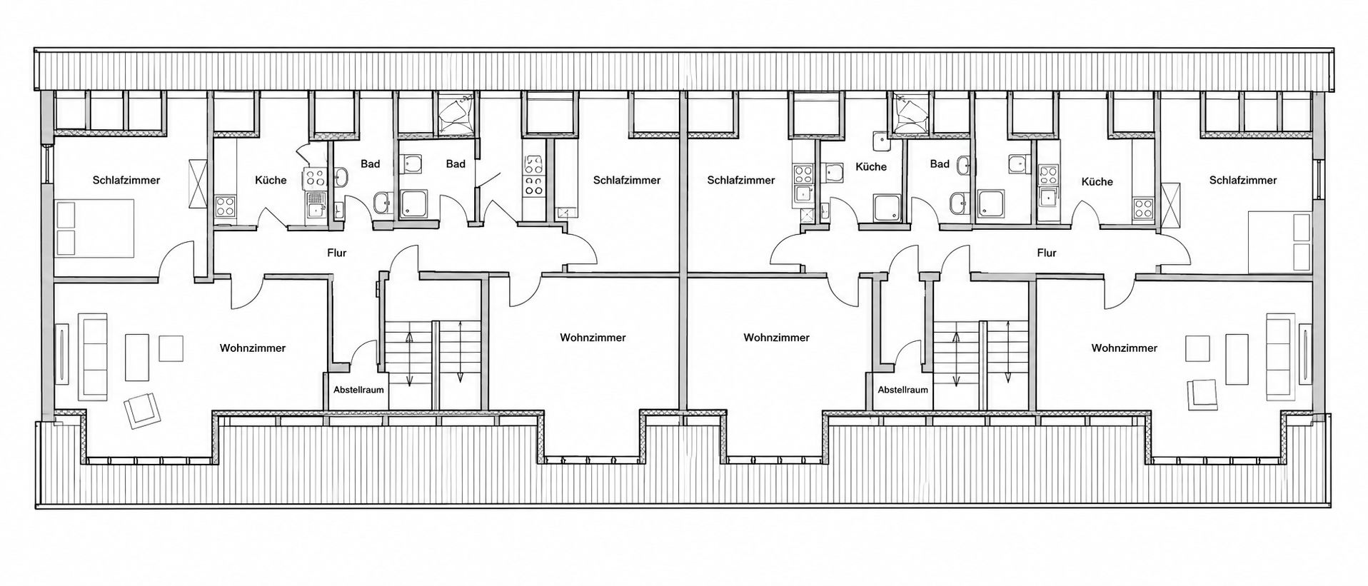 Grundriss mit vier Wohnungen, jeweils mit Schlafzimmer, Küche, Bad, Wohnzimmer und Flur.