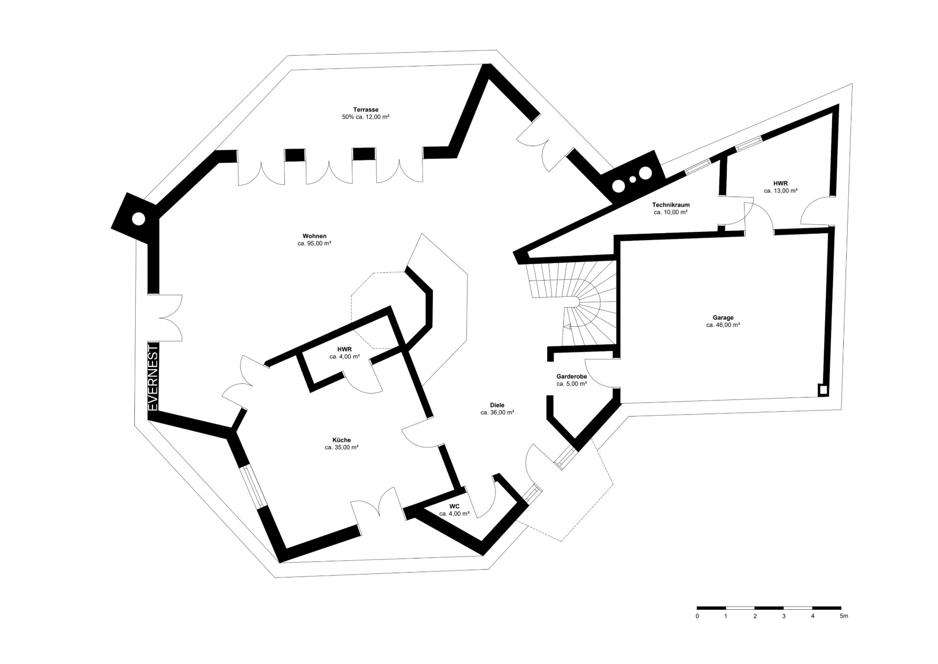 Grundriss eines Wohnhauses mit Terrasse, Wohnzimmer, Küche, Garage und mehreren weiteren Räumen.