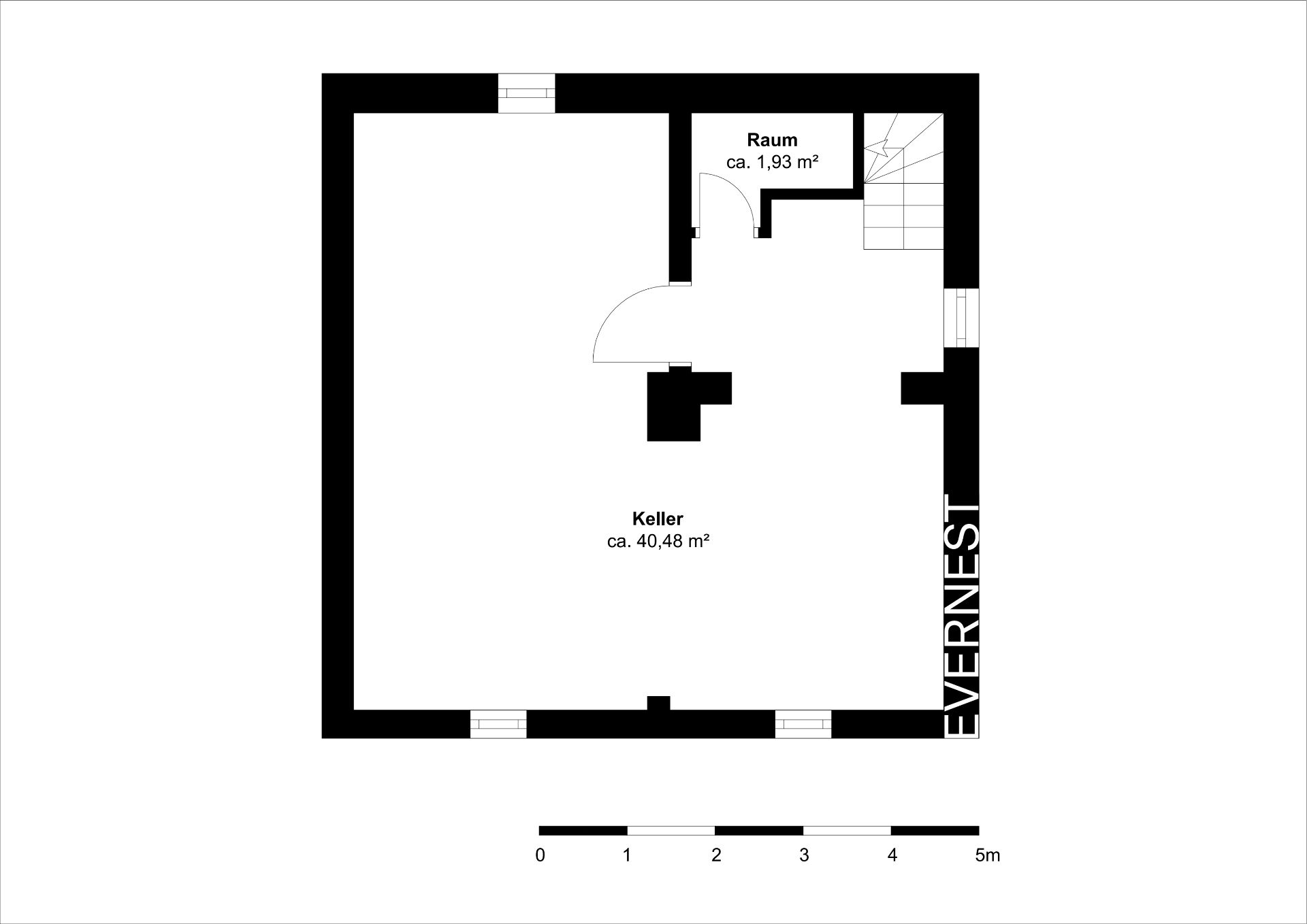 Grundriss eines Kellers mit einem kleinen Nebenraum und Treppe, Flächenangaben in Quadratmetern.