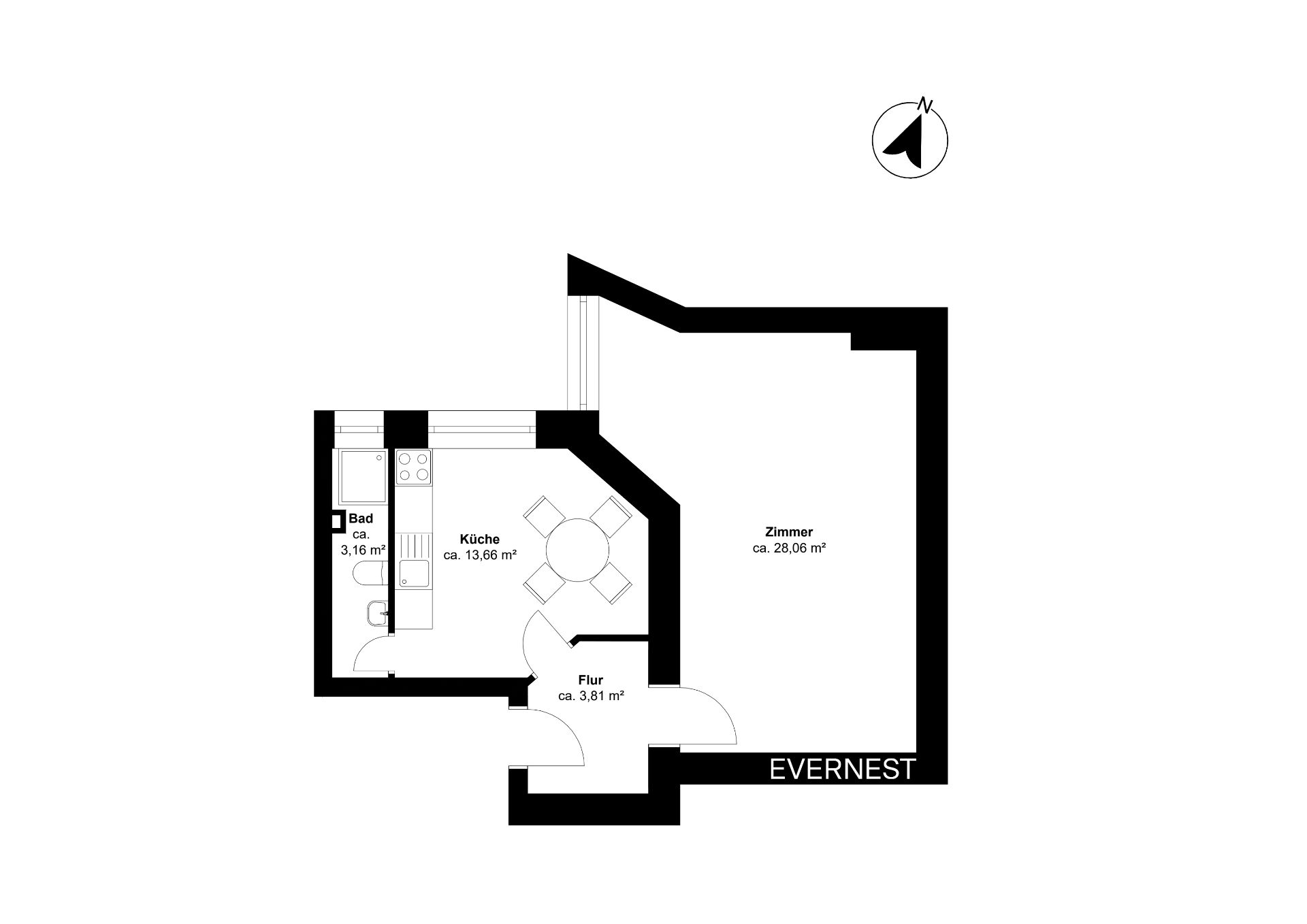 Grundriss mit Zimmer, Küche, Bad und Flur, Räume sind mit Quadratmetern beschriftet.