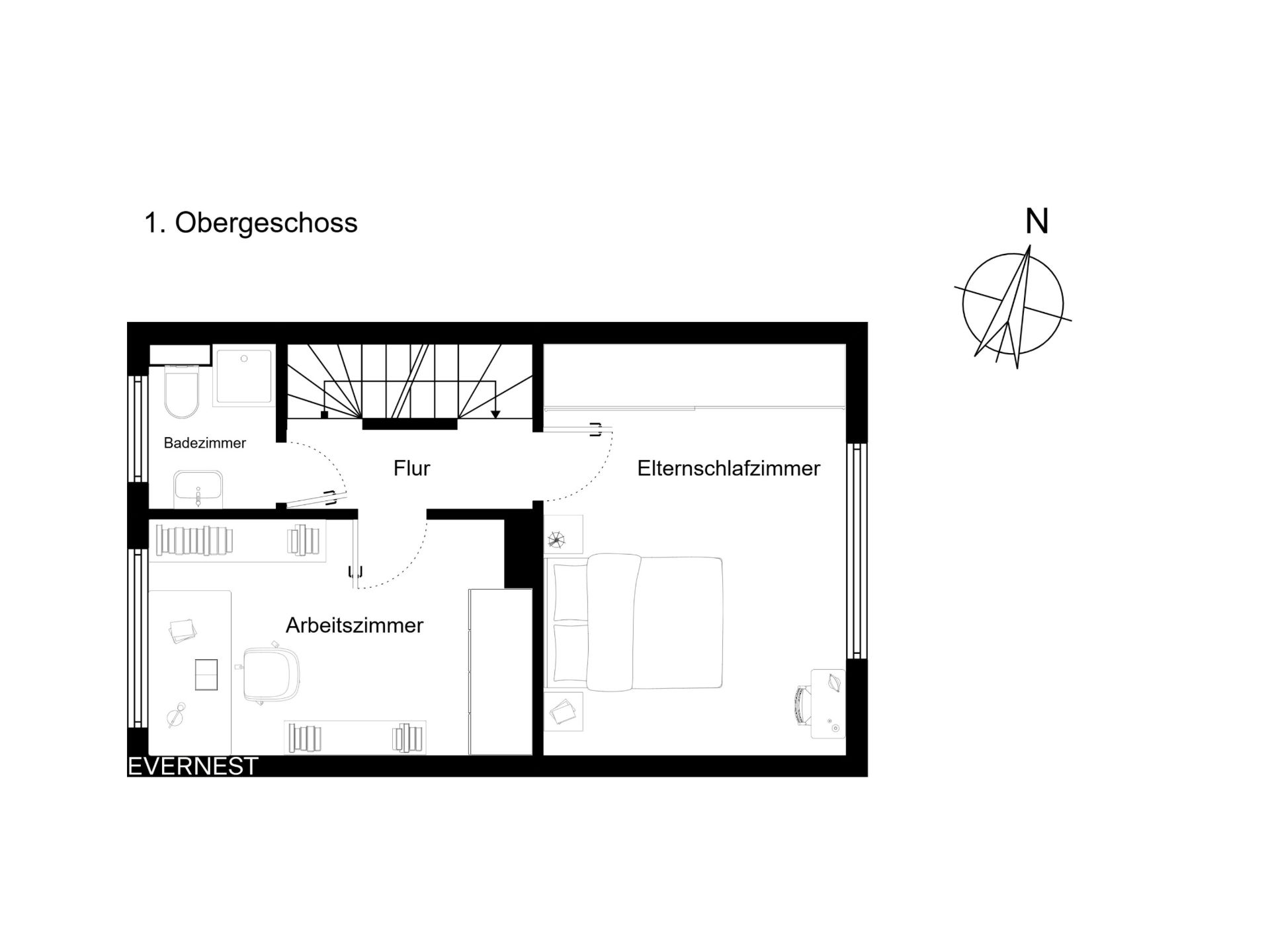 Grundriss des ersten Obergeschosses mit Bad, Flur, Arbeitszimmer und Elternschlafzimmer.