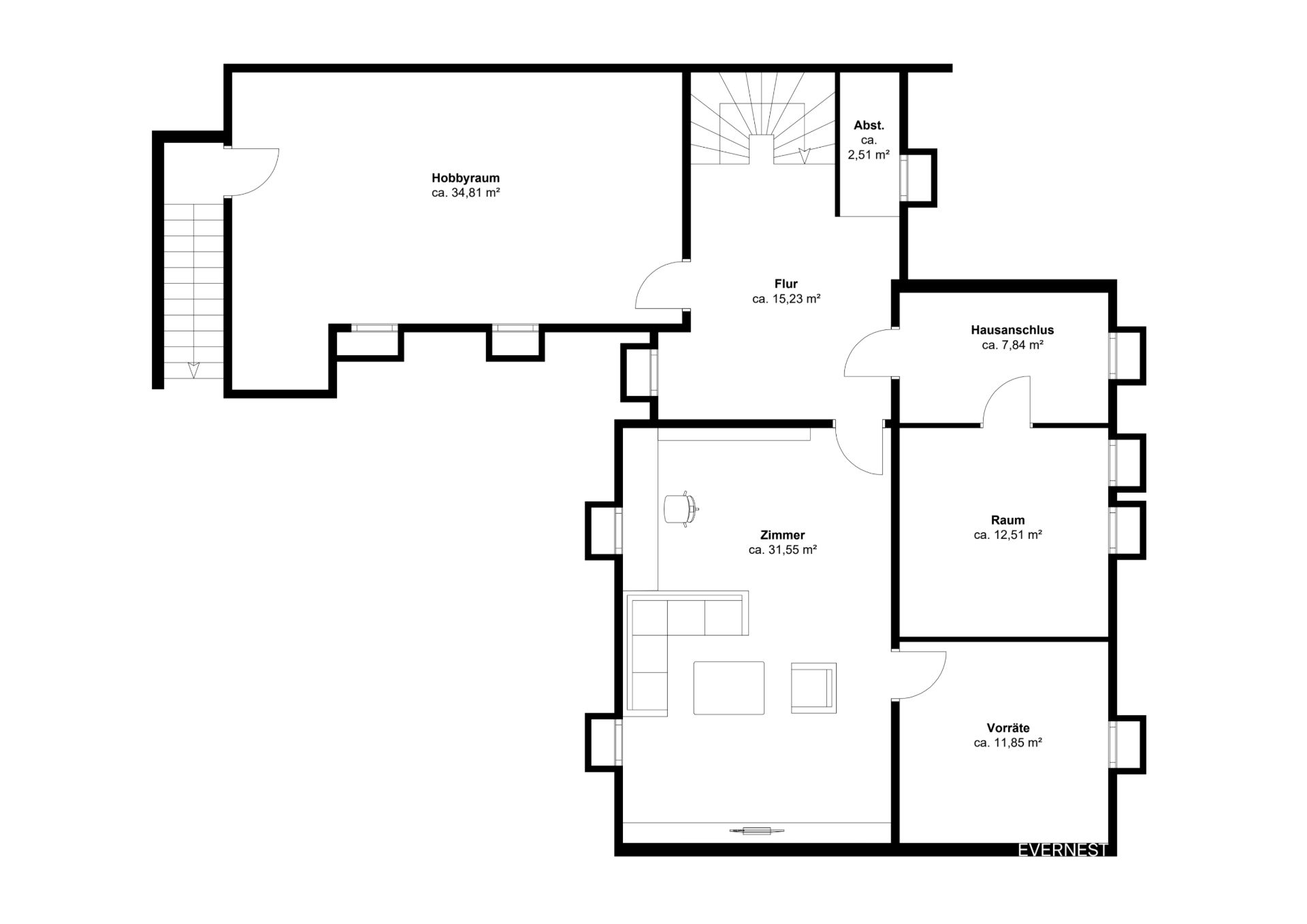 Grundriss eines Wohnhauses mit Hobbyraum, Zimmer, Flur, Vorrat, Abstellraum und Hausanschluss.