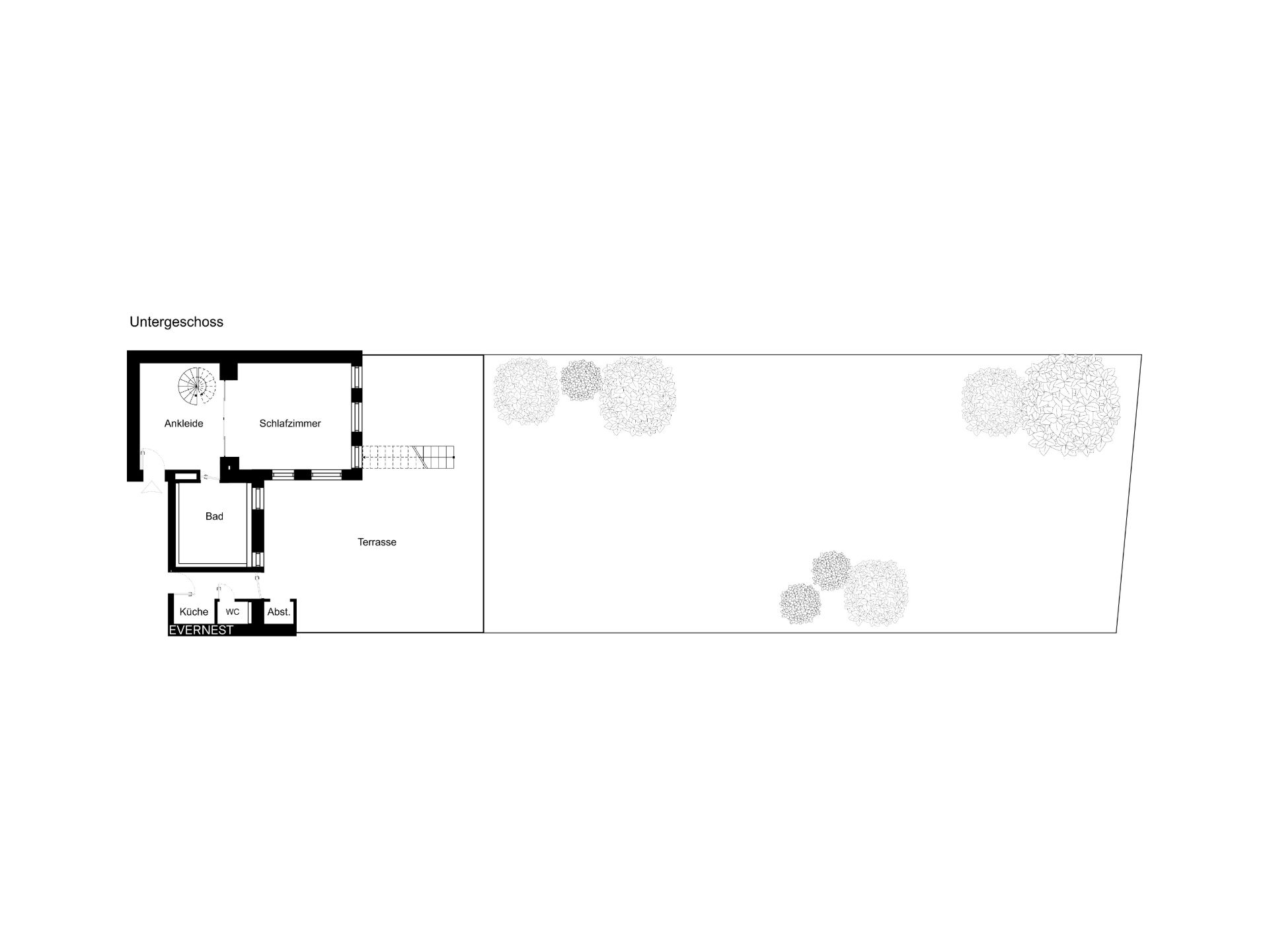Grundriss eines Untergeschosses mit Schlafzimmer, Ankleide, Bad, Küche und Terrasse.