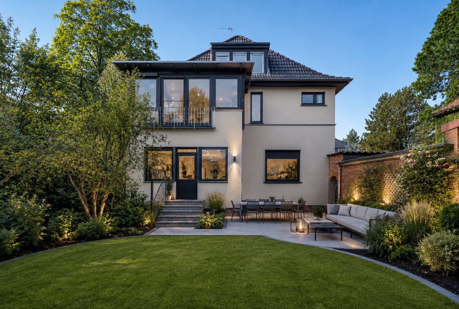 Rückseite eines modernen Wohnhauses mit Terrasse, Garten und Sitzgelegenheiten bei Abendlicht.