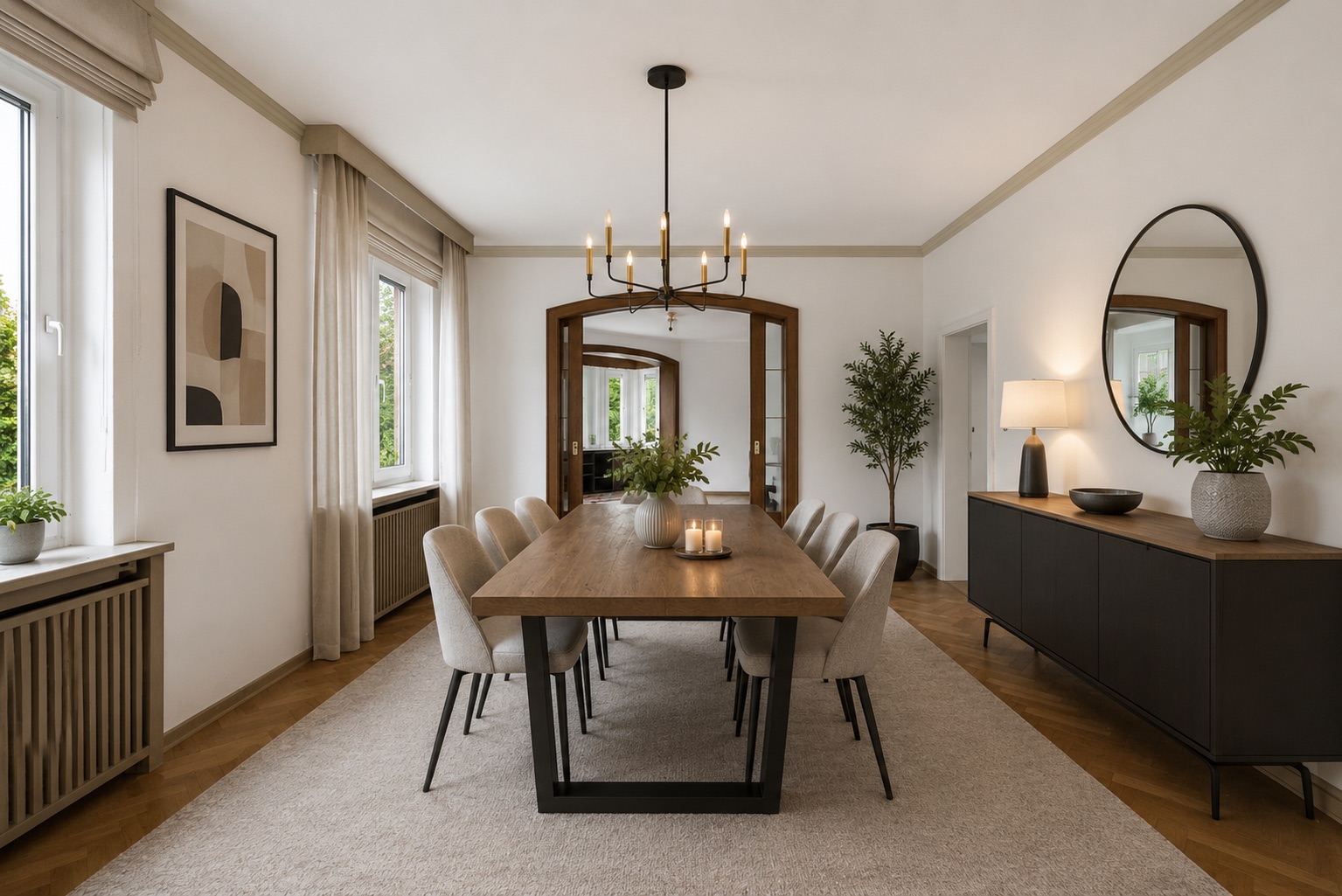 Modernes Esszimmer mit großem Holztisch, acht Stühlen, Sideboard und Dekopflanzen.