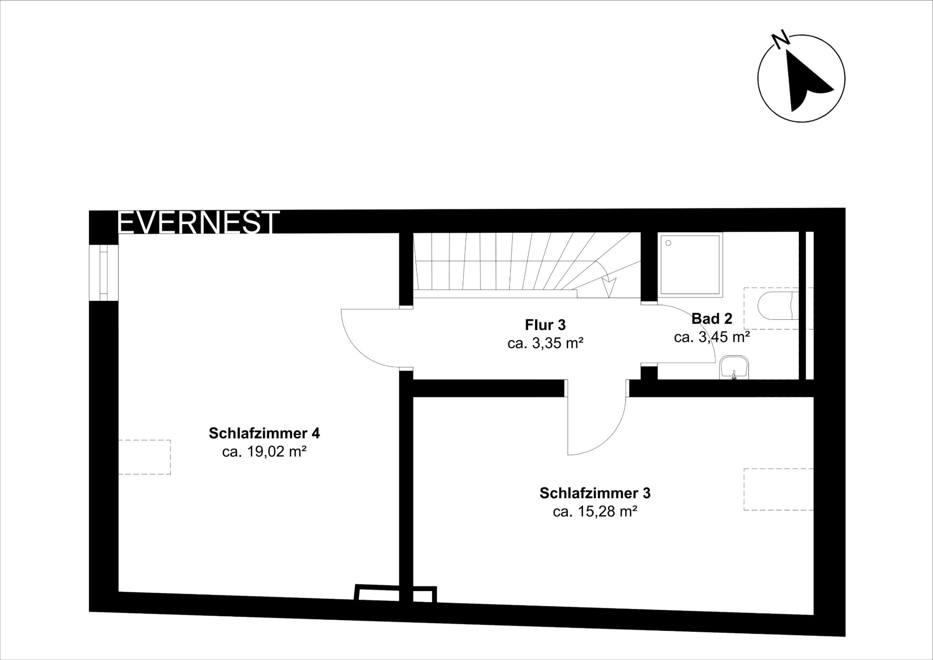 Grundriss mit zwei Schlafzimmern, Flur und Badezimmer.