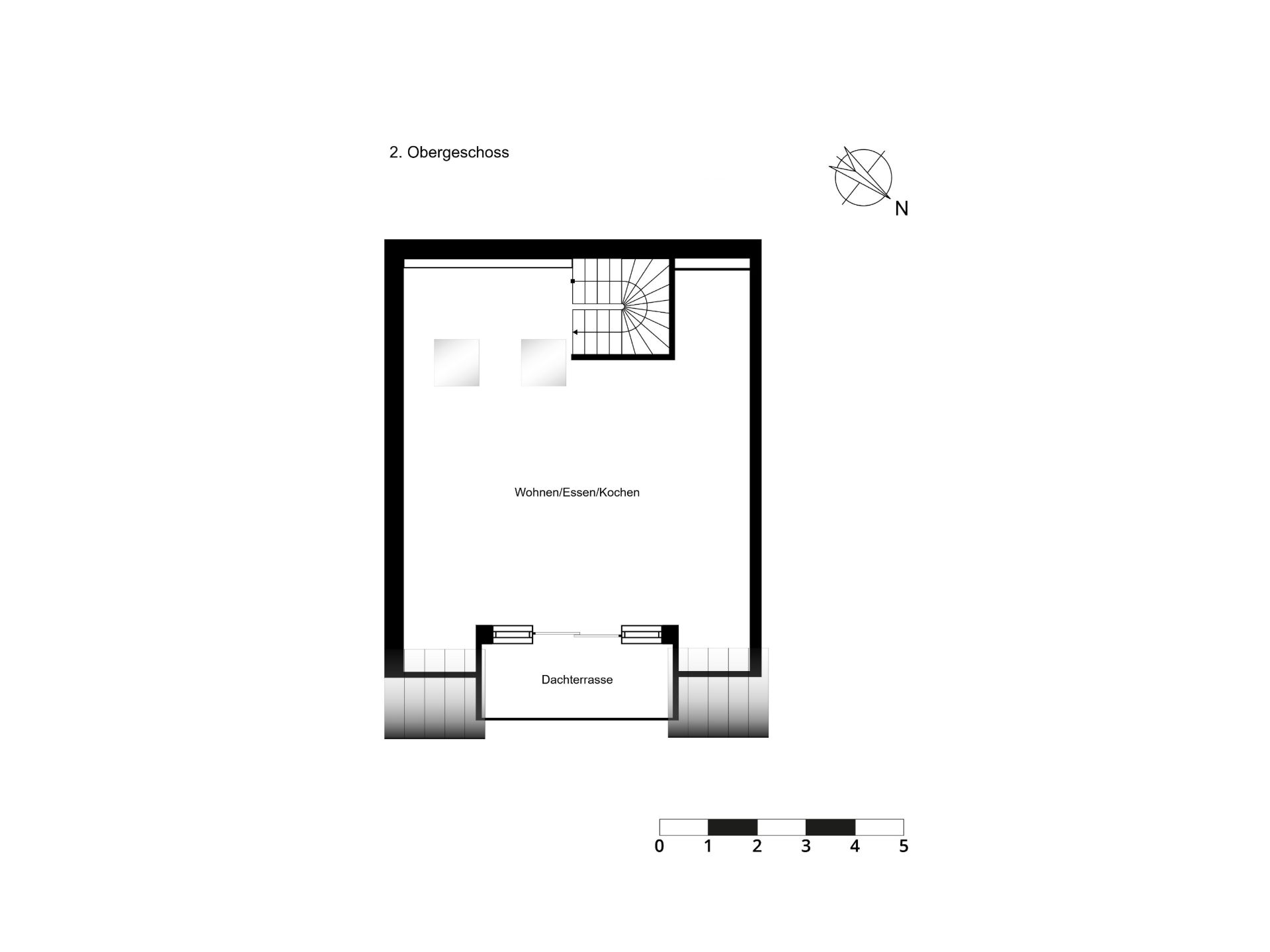 Grundriss eines Obergeschosses mit Wohnbereich, Küche, Essbereich und Dachterrasse.
