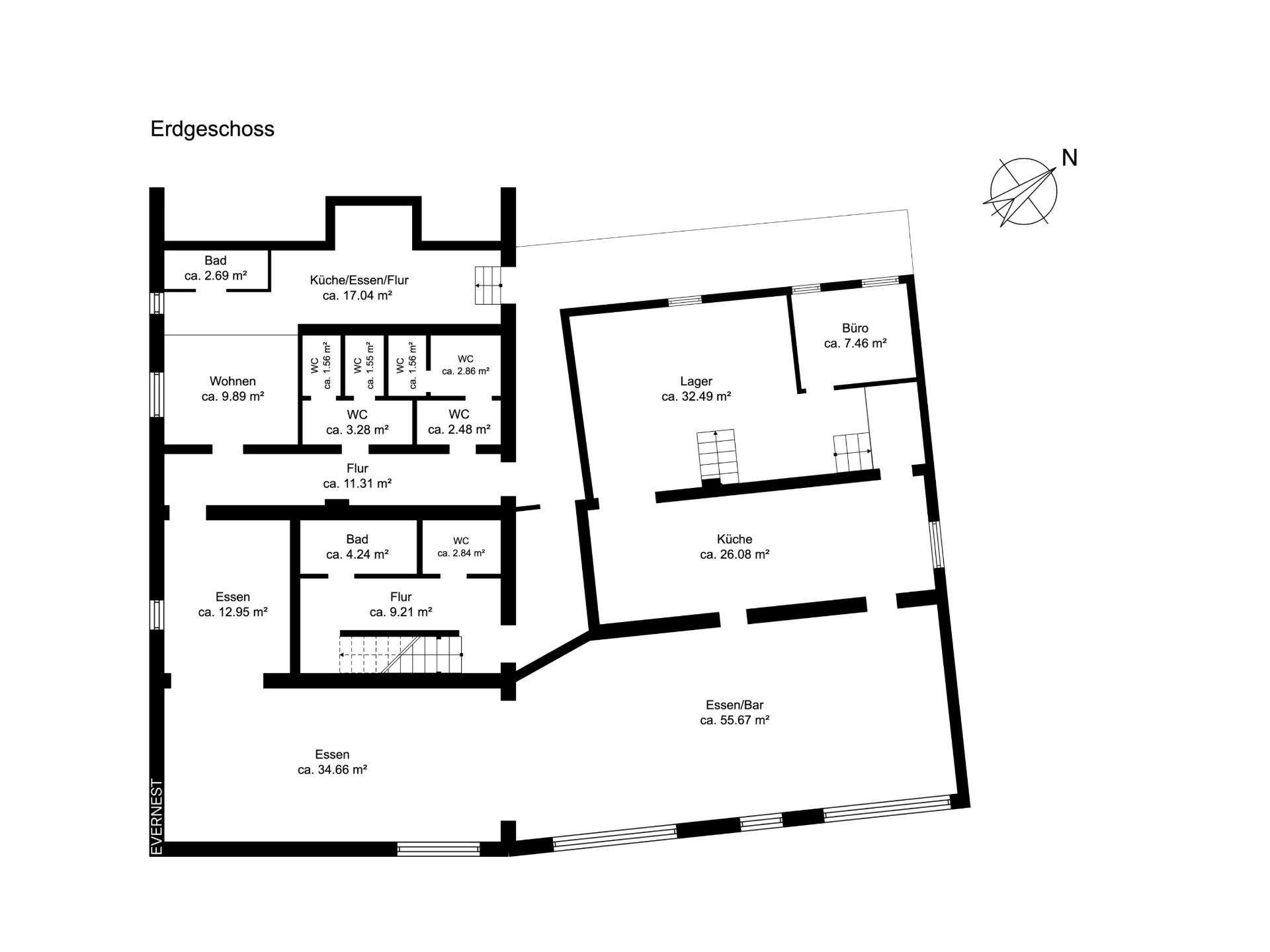 Grundriss des Erdgeschosses mit Küche, Wohnräumen, Bädern, Lager und Büro.