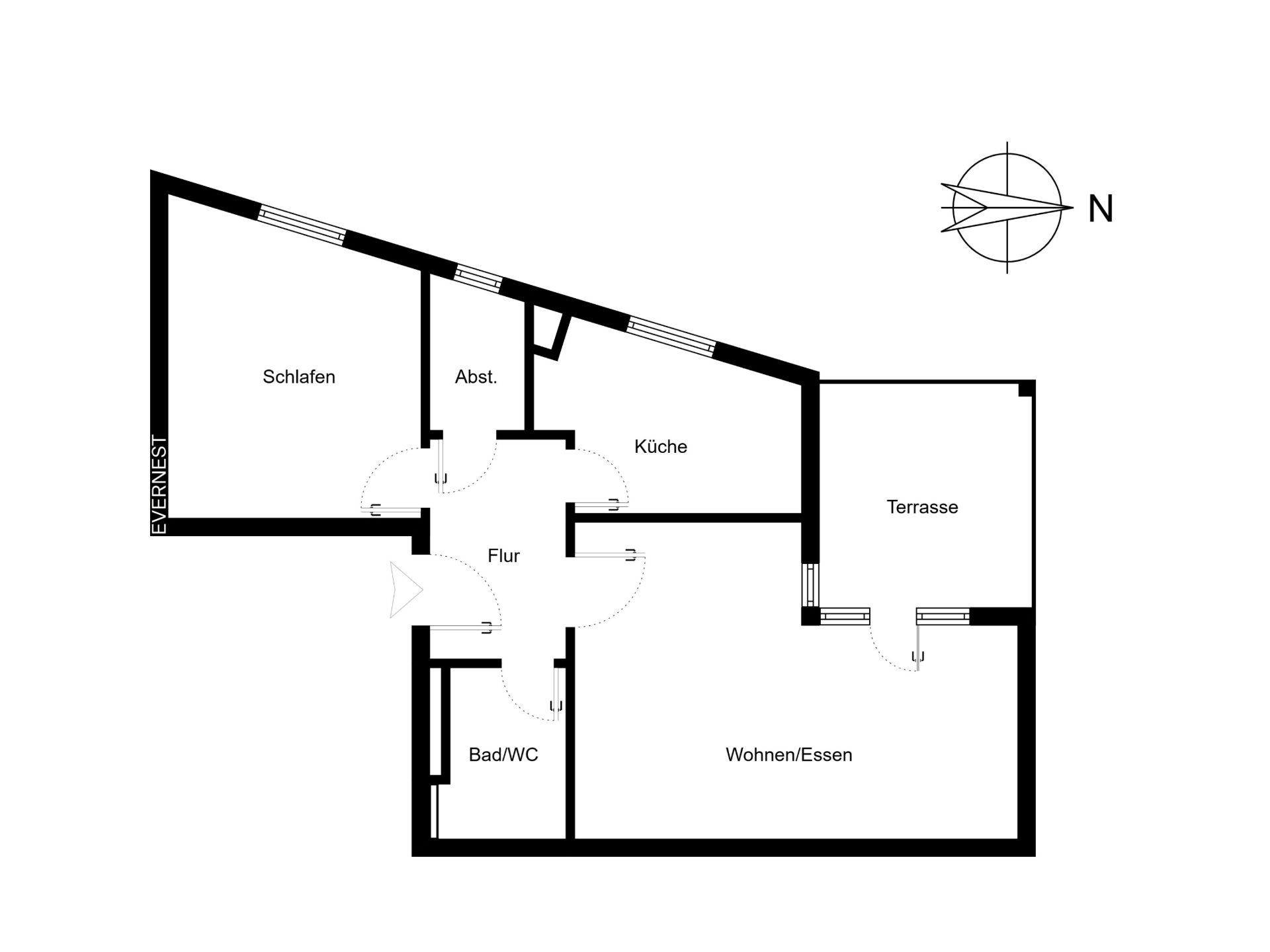 Grundriss einer Wohnung mit Schlaf-, Wohn-, Esszimmer, Küche, Bad, Flur, Terrasse und Abstellraum.