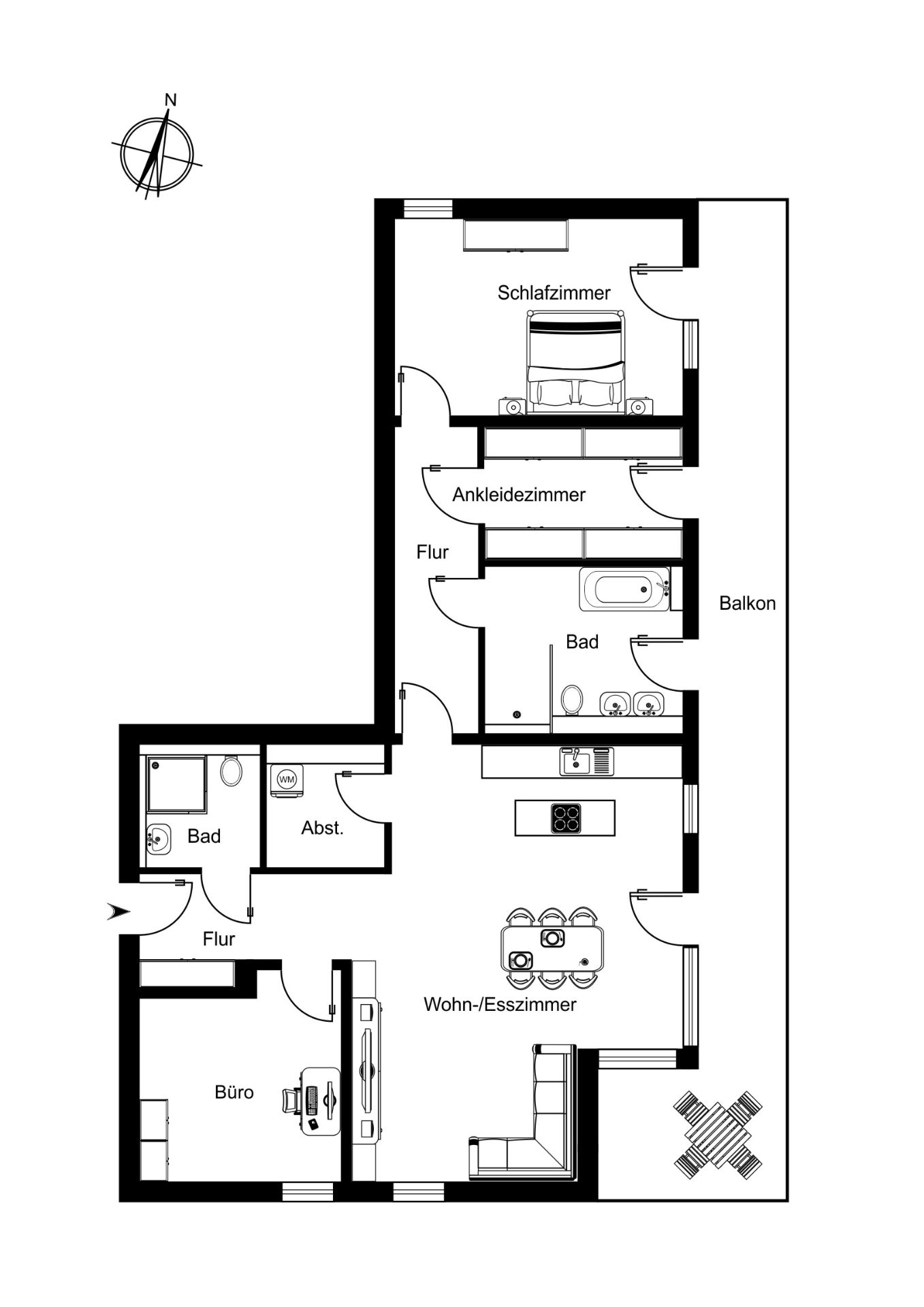 Grundriss einer Wohnung mit Schlafzimmer, Ankleidezimmer, zwei Bädern, Büro, Wohn-/Esszimmer und Balkon.
