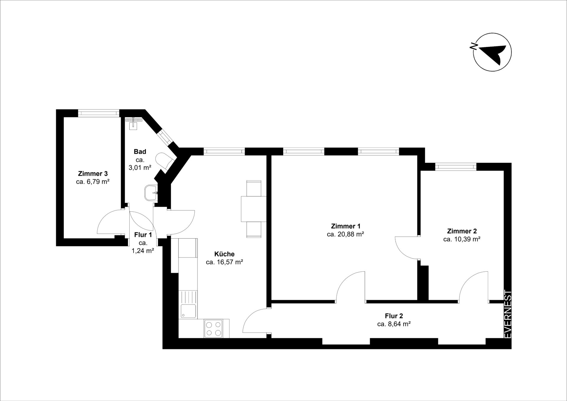Grundriss einer Wohnung mit drei Zimmern, Küche, Bad und zwei Fluren.