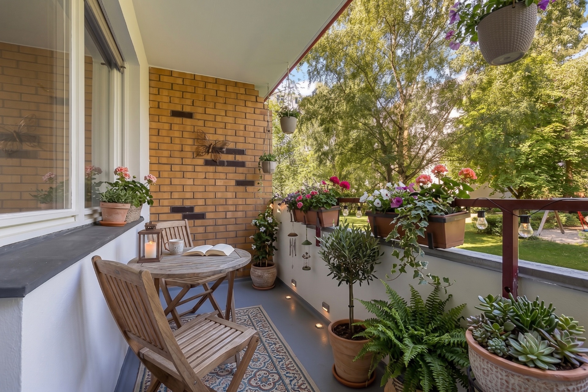 Balkon mit Holztisch, zwei Stühlen, vielen Blumen und Blick auf grüne Bäume.