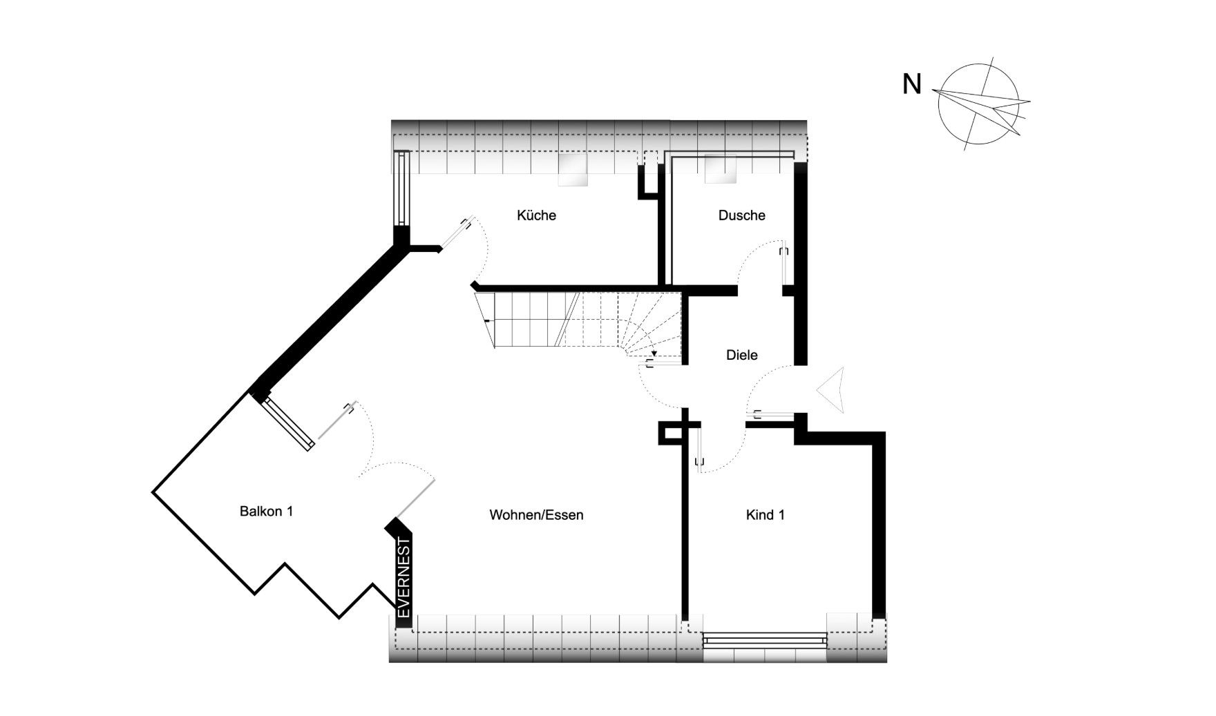 Grundriss einer Wohnung mit Küche, Dusche, Diele, Wohn-/Essbereich, Balkon und einem Kinderzimmer.